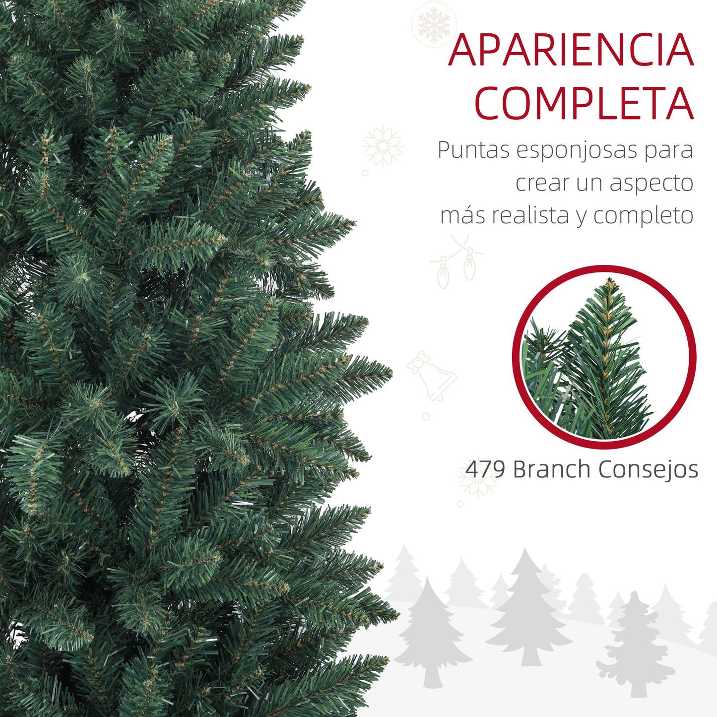 HOMCOM Árbol de Navidad Estrecho 180 cm Árbol de Navidad Grande Tipo Lápiz con Base Plegable y 479 Ramas para Dormitorio Oficina Verde