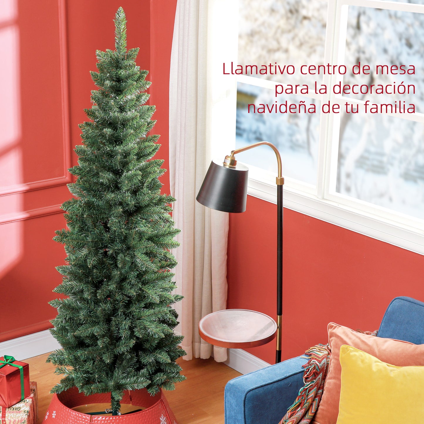 HOMCOM Árbol de Navidad Estrecho 180 cm Árbol de Navidad Grande Tipo Lápiz con Base Plegable y 479 Ramas para Dormitorio Oficina Verde