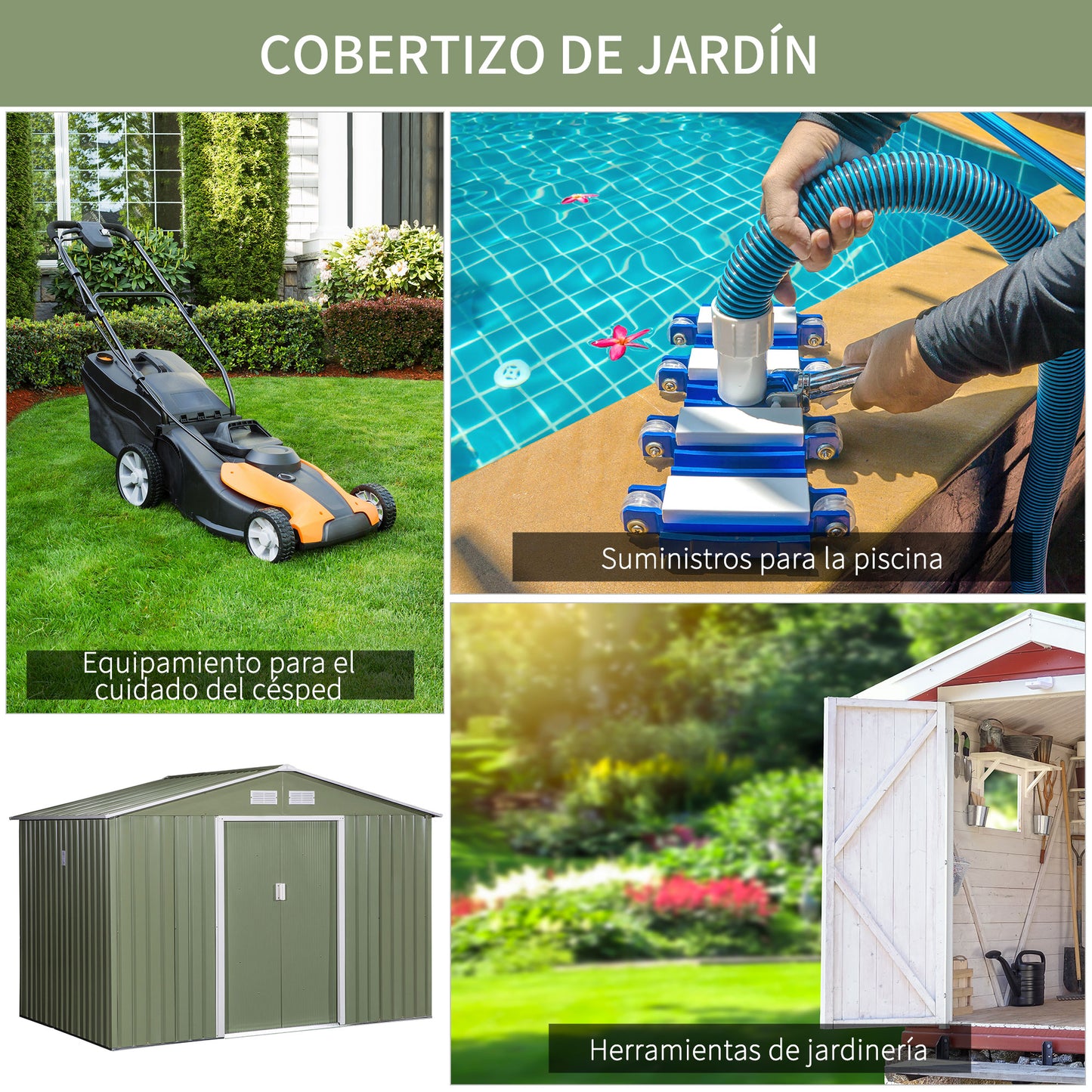 Outsunny Caseta de Jardín de Exterior Cobertizo de Jardín 4,9 m² 277x195x192 cm con 2 Puertas Corredizas Base Refuerzo (Suelo NO Incluido) para Patio Terraza Verde Claro