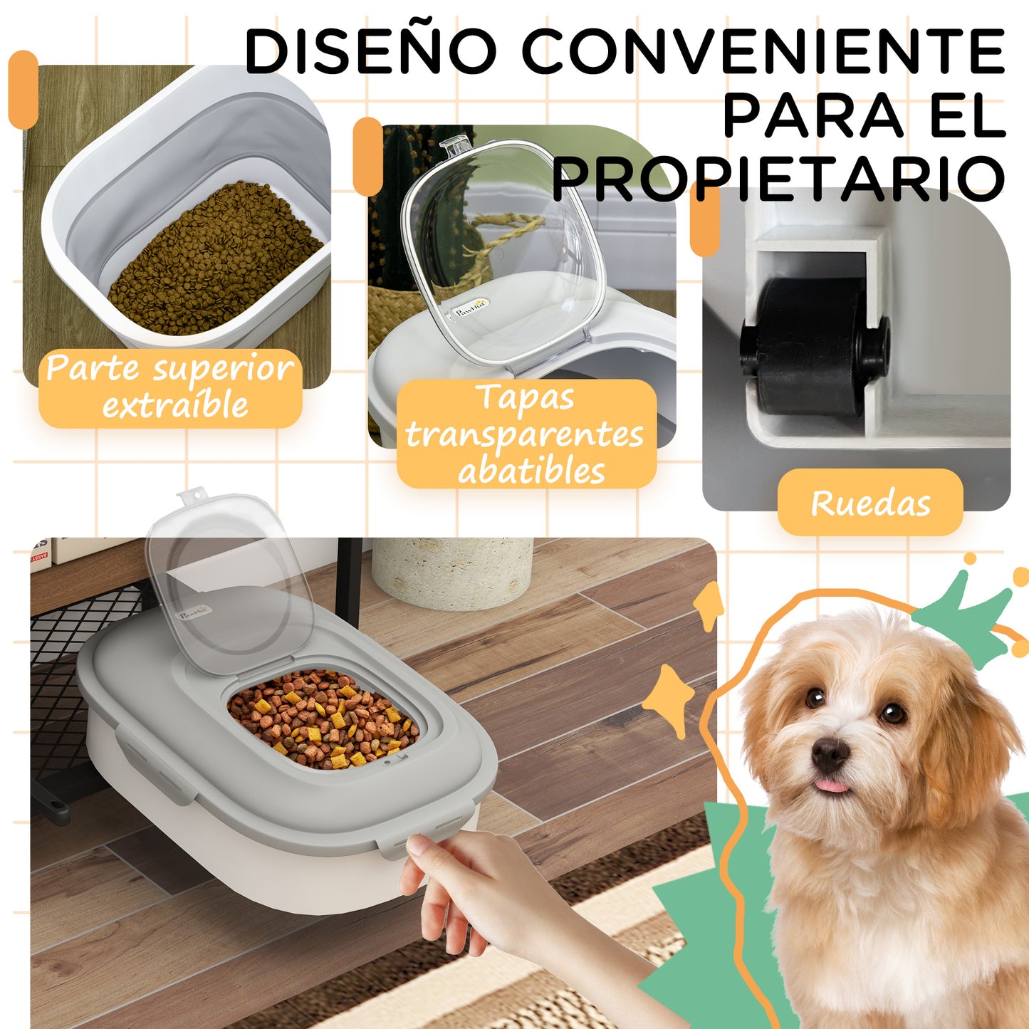 PawHut Contenedor de Comida para Perros Plegable 25L Contenedor de Pienso con Ruedas Taza Medidora Cuenco Plegable y Cuchara Contenedor de Comida para Mascotas Gatos Gris