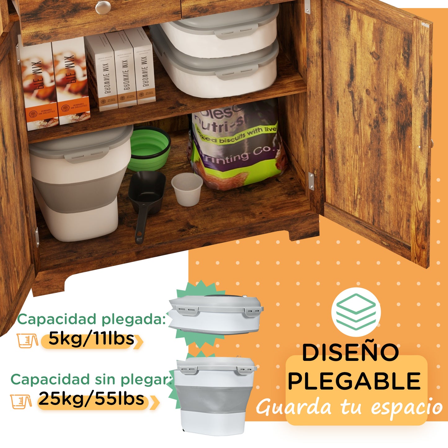 PawHut Contenedor de Comida para Perros Plegable 25L Contenedor de Pienso con Ruedas Taza Medidora Cuenco Plegable y Cuchara Contenedor de Comida para Mascotas Gatos Gris