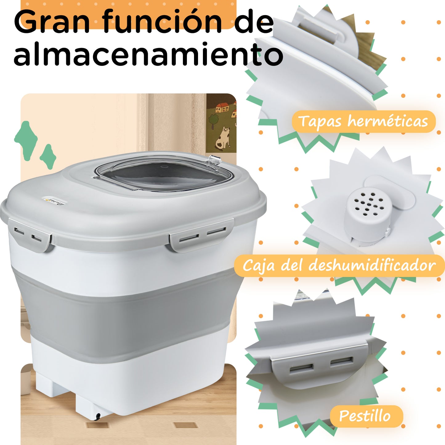 PawHut Contenedor de Comida para Perros Plegable 25L Contenedor de Pienso con Ruedas Taza Medidora Cuenco Plegable y Cuchara Contenedor de Comida para Mascotas Gatos Gris