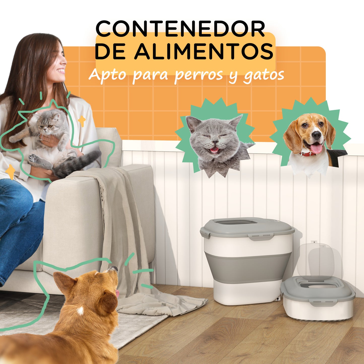 PawHut Contenedor de Comida para Perros Plegable 25L Contenedor de Pienso con Ruedas Taza Medidora Cuenco Plegable y Cuchara Contenedor de Comida para Mascotas Gatos Gris