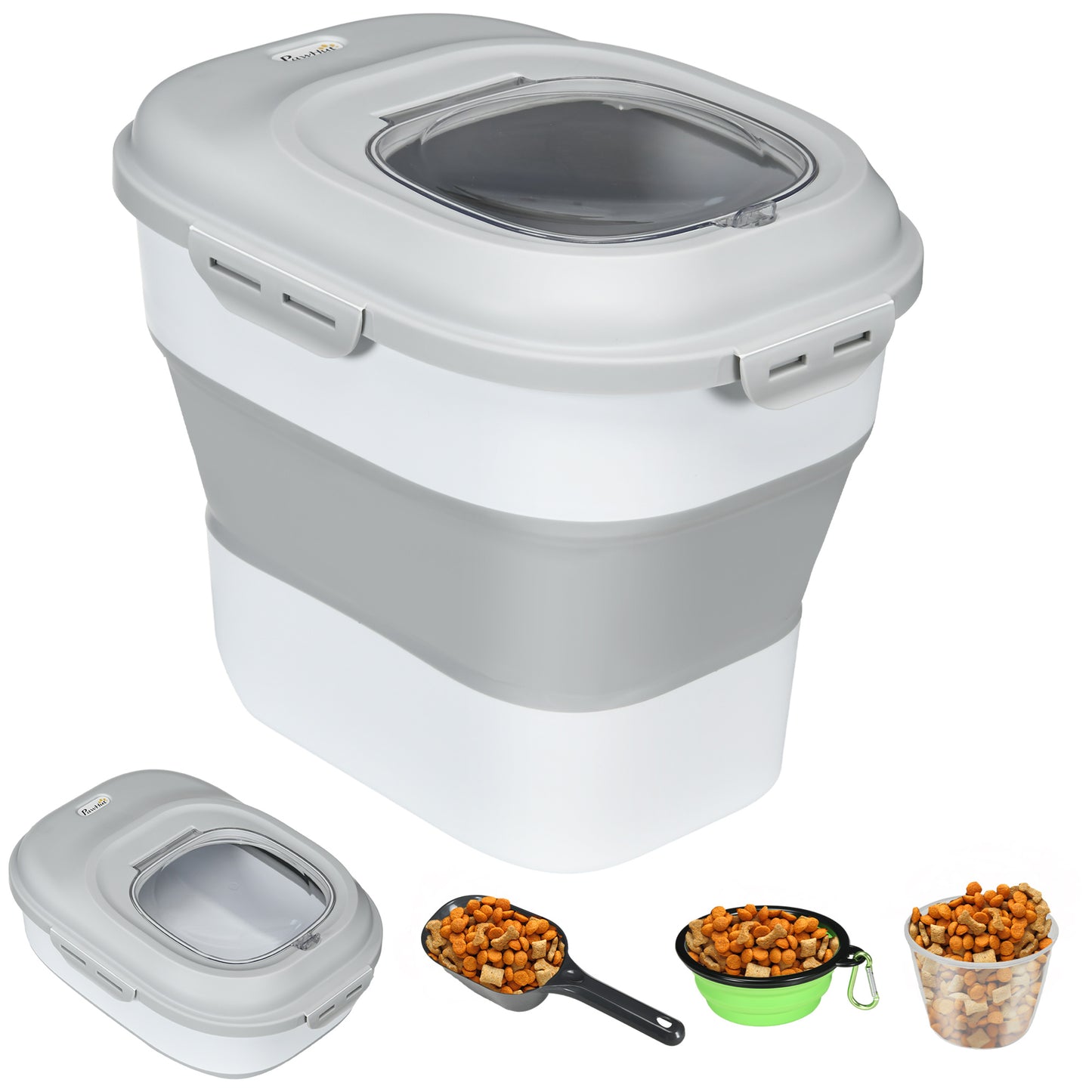 PawHut Contenedor de Comida para Perros Plegable 25L Contenedor de Pienso con Ruedas Taza Medidora Cuenco Plegable y Cuchara Contenedor de Comida para Mascotas Gatos Gris