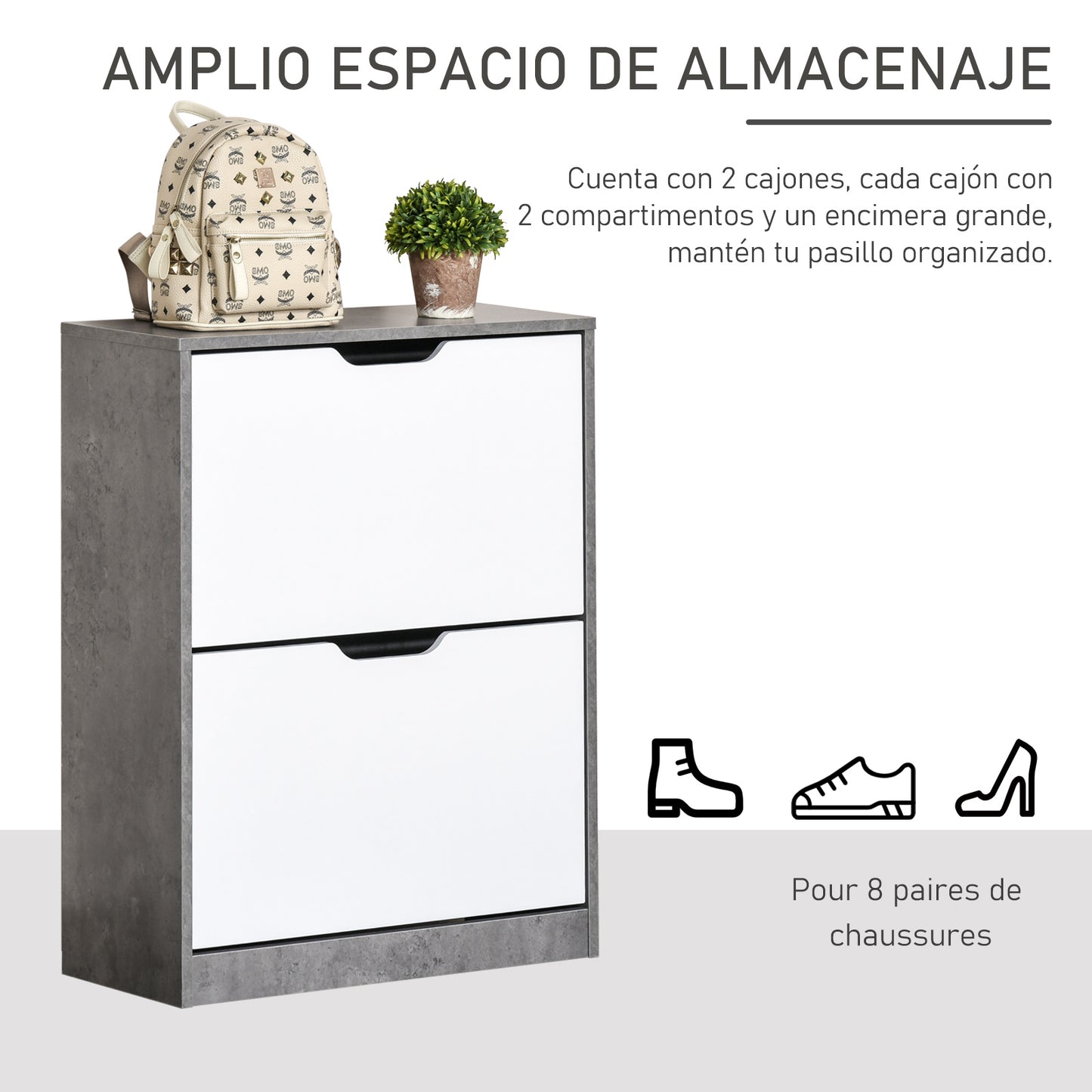 HOMCOM Armario de Zapatos Zapatero de Madera con 2 Puertas Abatibles 4 Estantes de Almacenaje Capacidad de 8 Pares para Entrada Pasillo Dormitorio 62,5x26x81 cm Gris