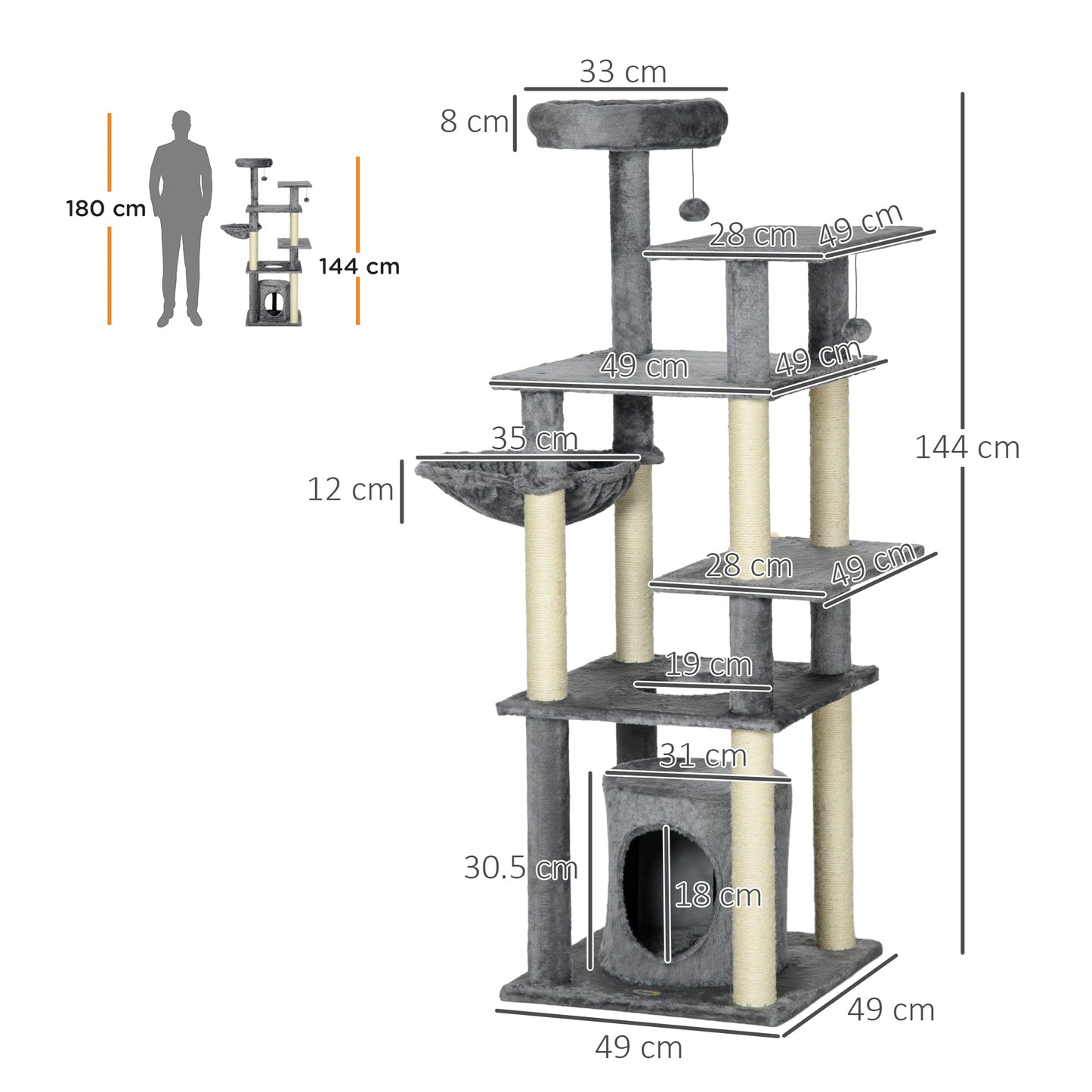 PawHut Árbol Rascador para Gatos de 144 cm Torre para Gatos con 4 Formas Postes para Rascar Cama Cueva Plataformas Hamaca y Bolas Colgantes 49x49x144 cm Gris