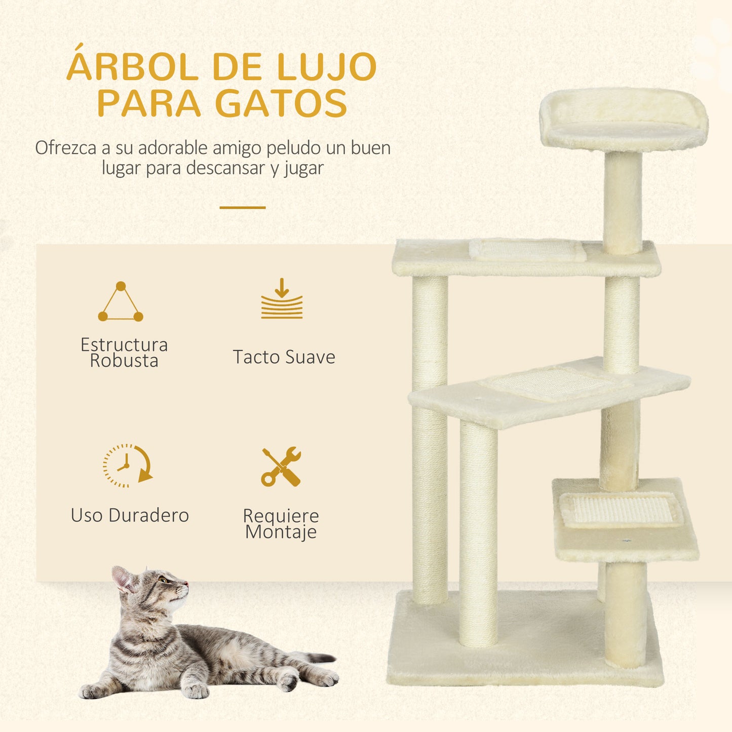 PawHut Árbol para Gato Rascador Grande 50x50x100 cm con Poste para Arañar Cama Plataformas con Manta de Sisal Terciopelo Beige