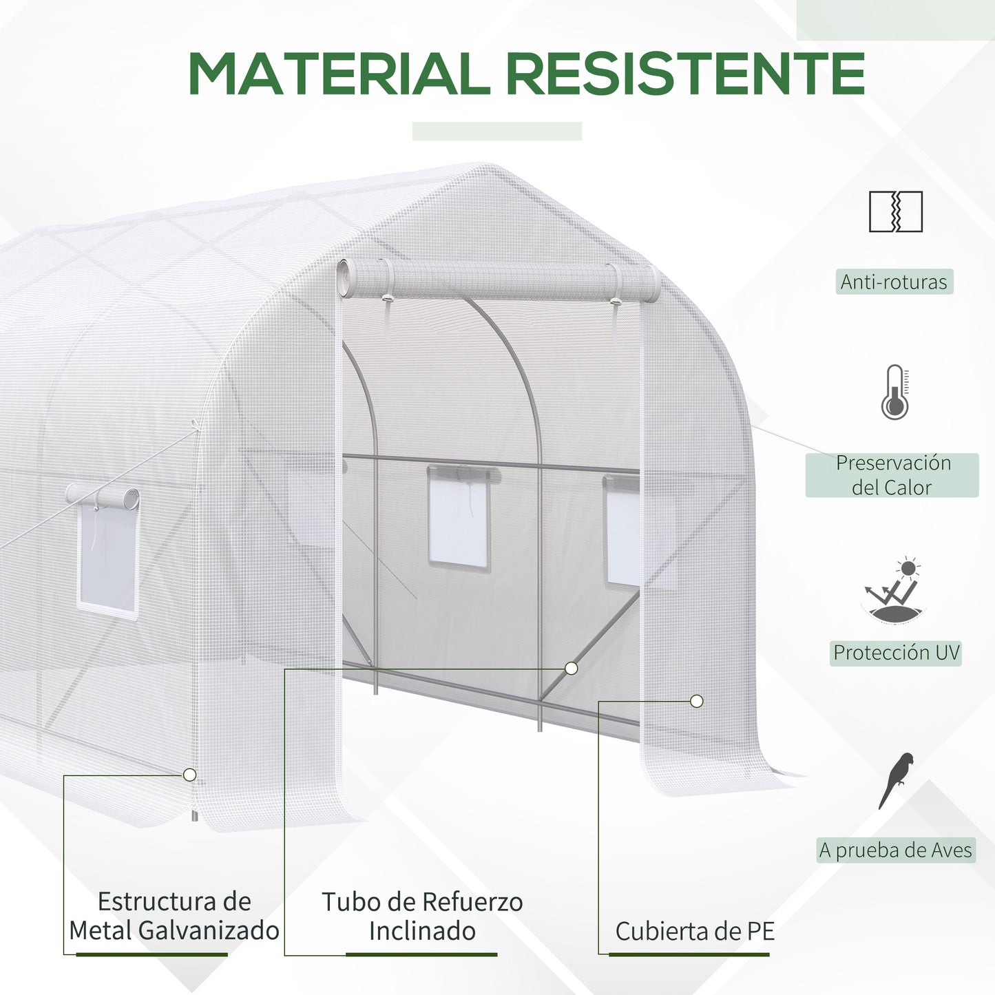 Outsunny Invernadero de Jardín 4x2x2 m Tipo Túnel con 6 Ventanas Transpirables y Puerta Enrollable con Cremallera Huerto para Cultivo Plantas Verduras Blanco