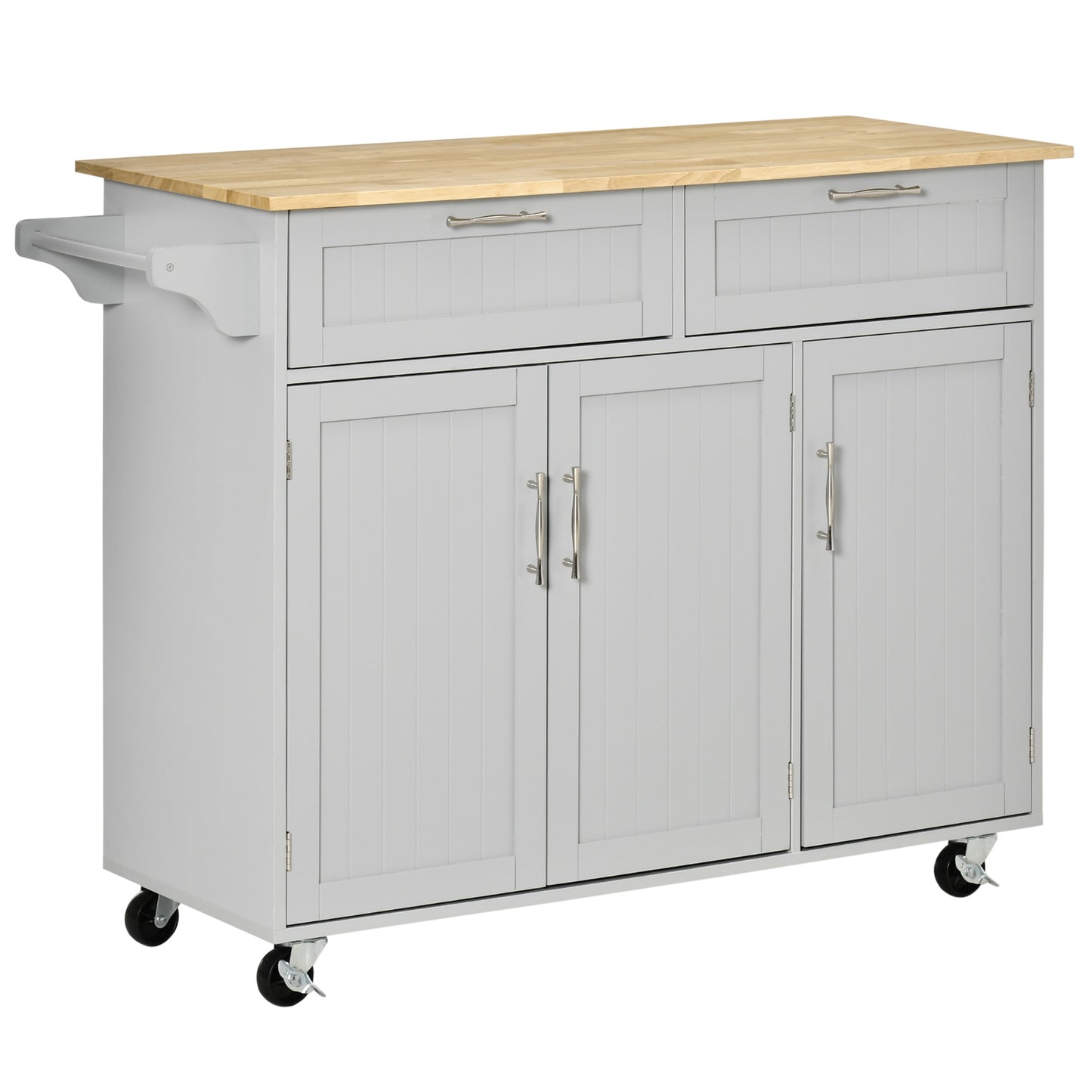 HOMCOM Isla de Cocina Carro de Cocina con Ruedas Carrito de Servicio Multiusos con 2 Cajones 3 Puertas Estantes Ajustables y Barra Colgante para Comedor 121x46x91 cm Gris