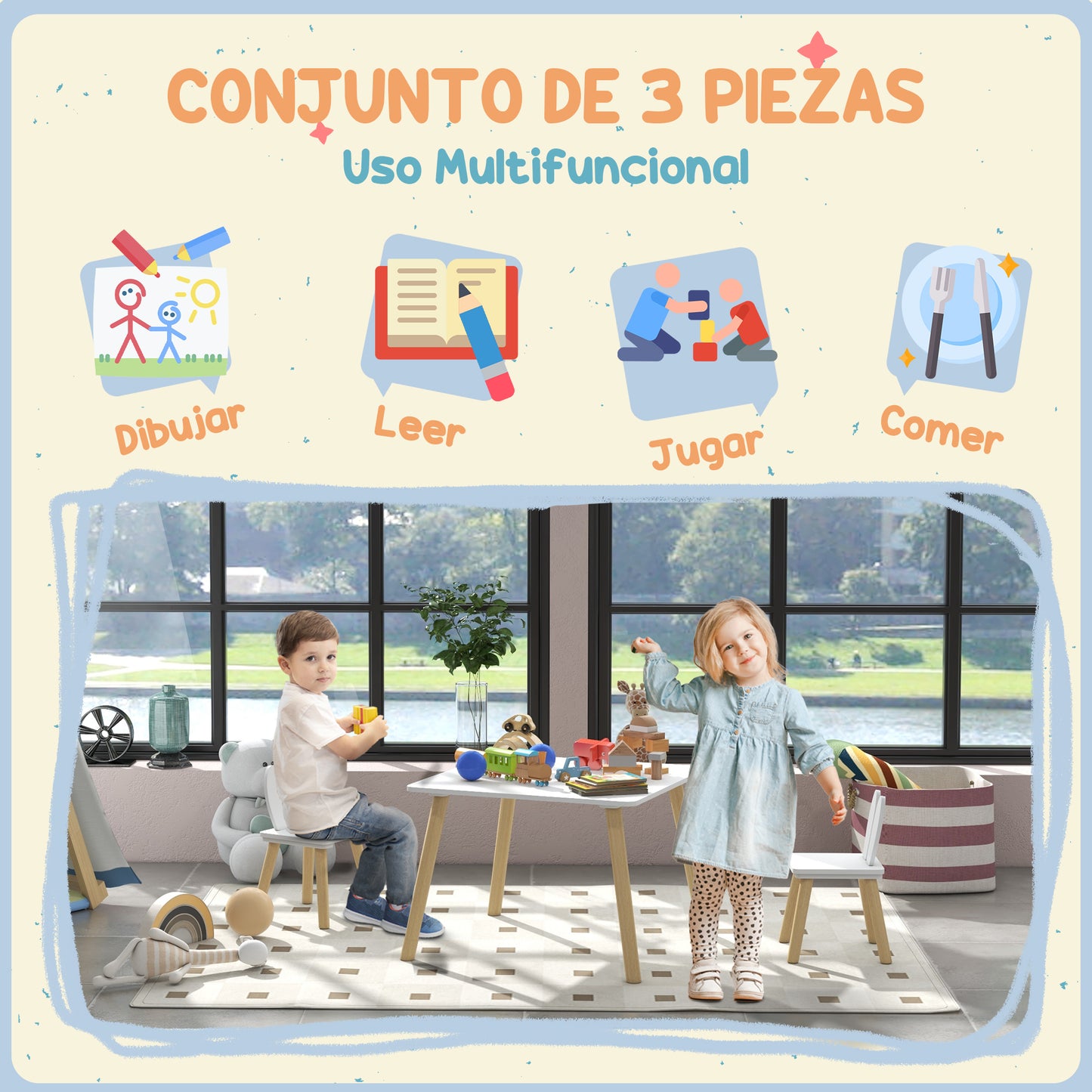 AIYAPLAY Juego de Mesa y 2 Sillas Infantiles Mesa Infantil con Sillas Respaldos con Orejas de Conejo Mesa Infantil para Guardería Sala de Juegos Blanco