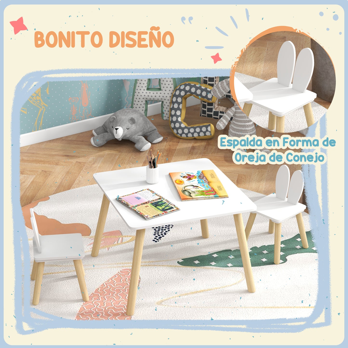 AIYAPLAY Juego de Mesa y 2 Sillas Infantiles Mesa Infantil con Sillas Respaldos con Orejas de Conejo Mesa Infantil para Guardería Sala de Juegos Blanco