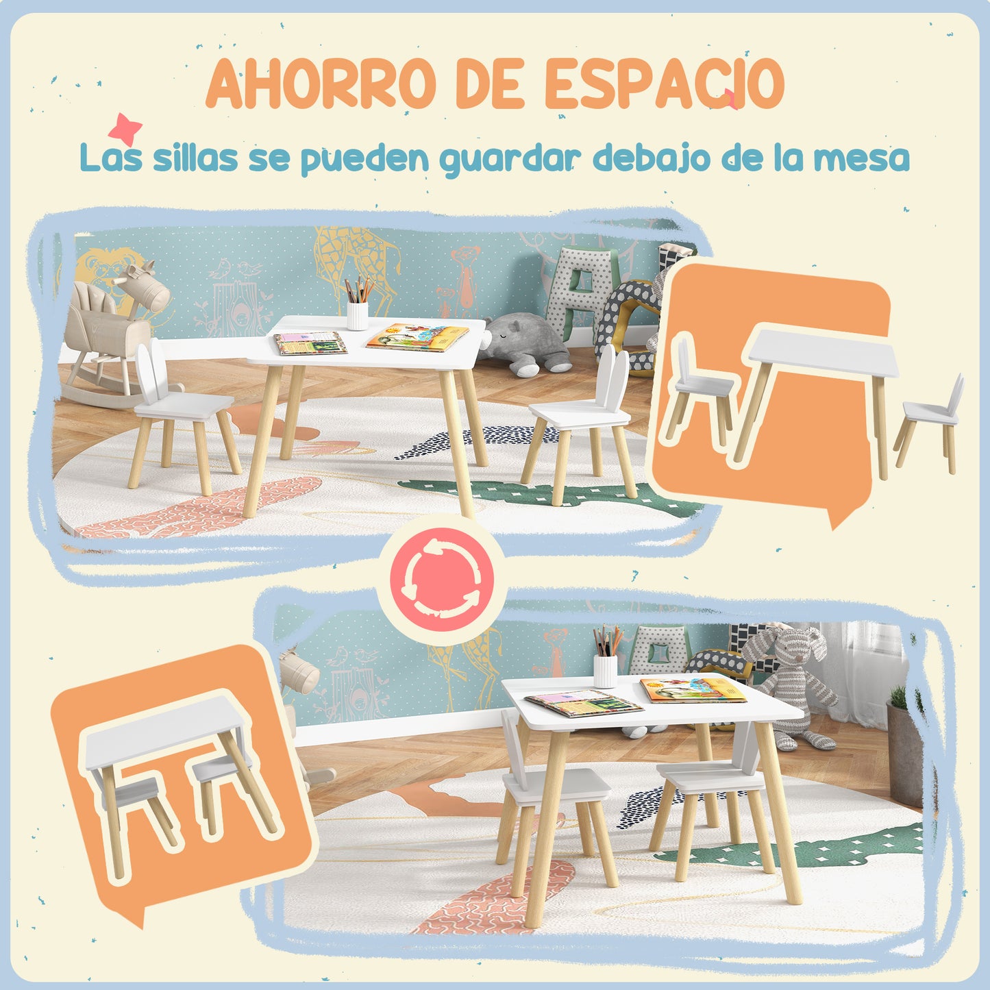 AIYAPLAY Juego de Mesa y 2 Sillas Infantiles Mesa Infantil con Sillas Respaldos con Orejas de Conejo Mesa Infantil para Guardería Sala de Juegos Blanco