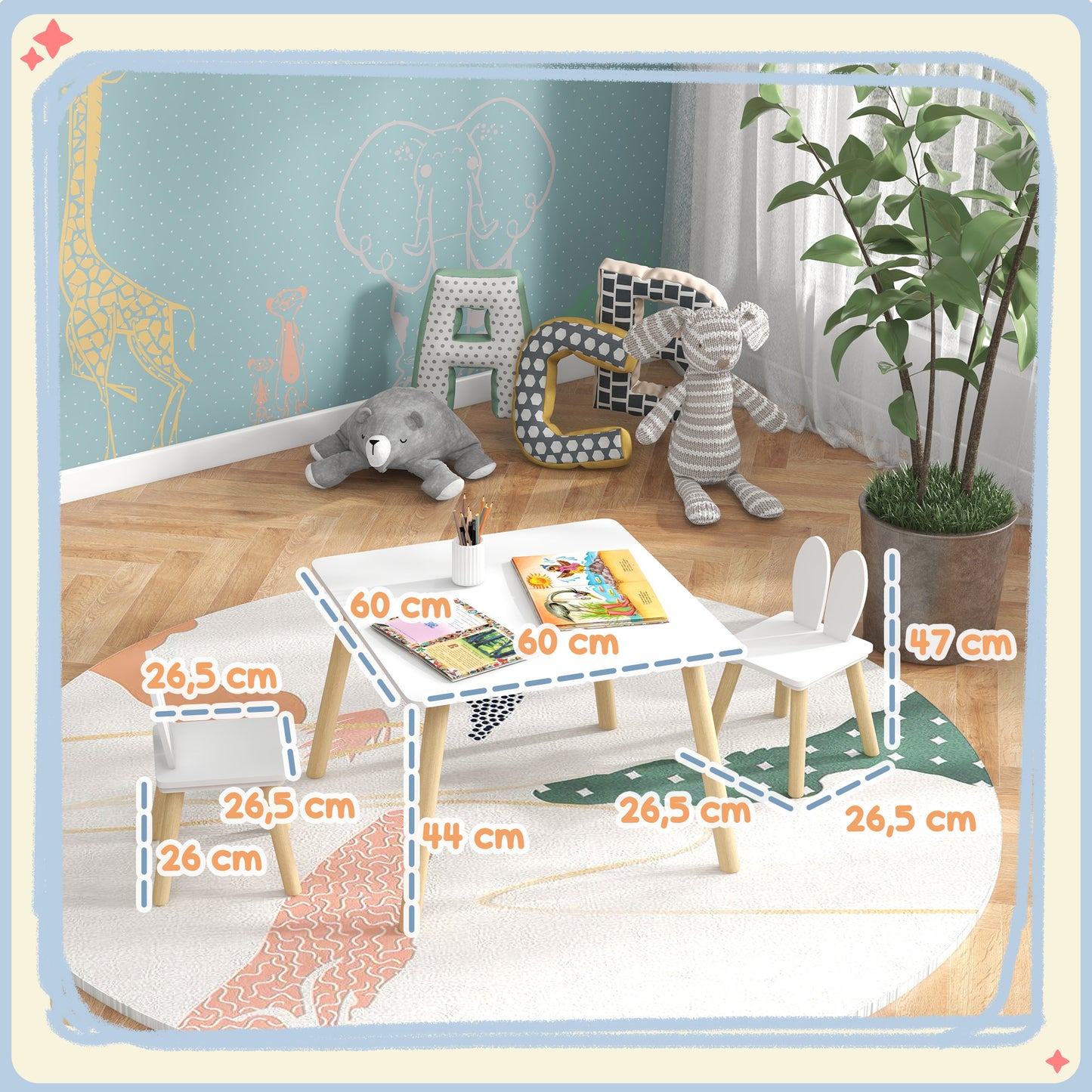 AIYAPLAY Juego de Mesa y 2 Sillas Infantiles Mesa Infantil con Sillas Respaldos con Orejas de Conejo Mesa Infantil para Guardería Sala de Juegos Blanco