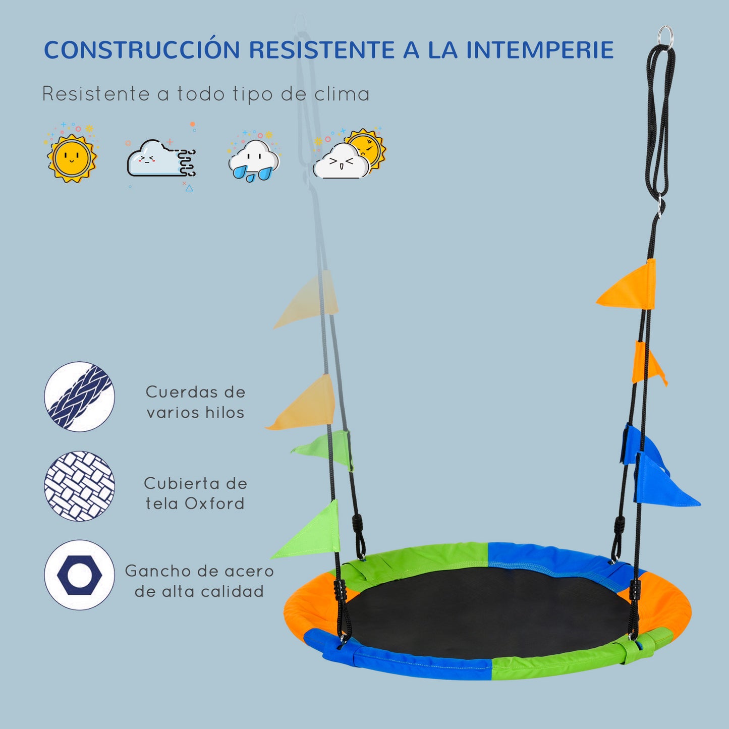 Outsunny Columpio de Jardín Nido Ø100x120-180 cm Altura Ajustable con Cuerdas y Banderas para Niños y Adultos Carga 80 kg Interior y Exterior Multicolor