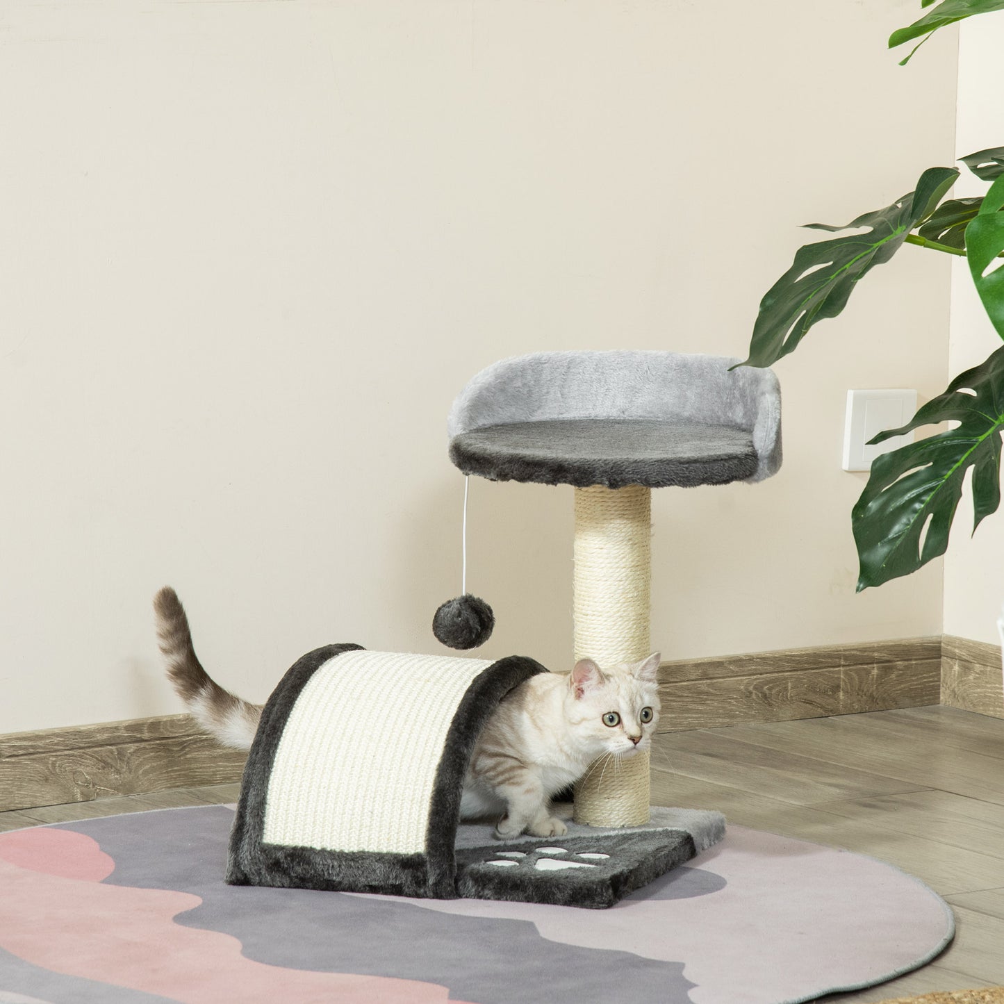 PawHut Árbol Rascador para Gatos Pequeños Altura 46 cm de 2 Niveles Árbol para Gatos con Poste Tablero para Rascar Plataformas y Juguete de Bola Colgante 35,5x37x46 cm Gris Oscuro