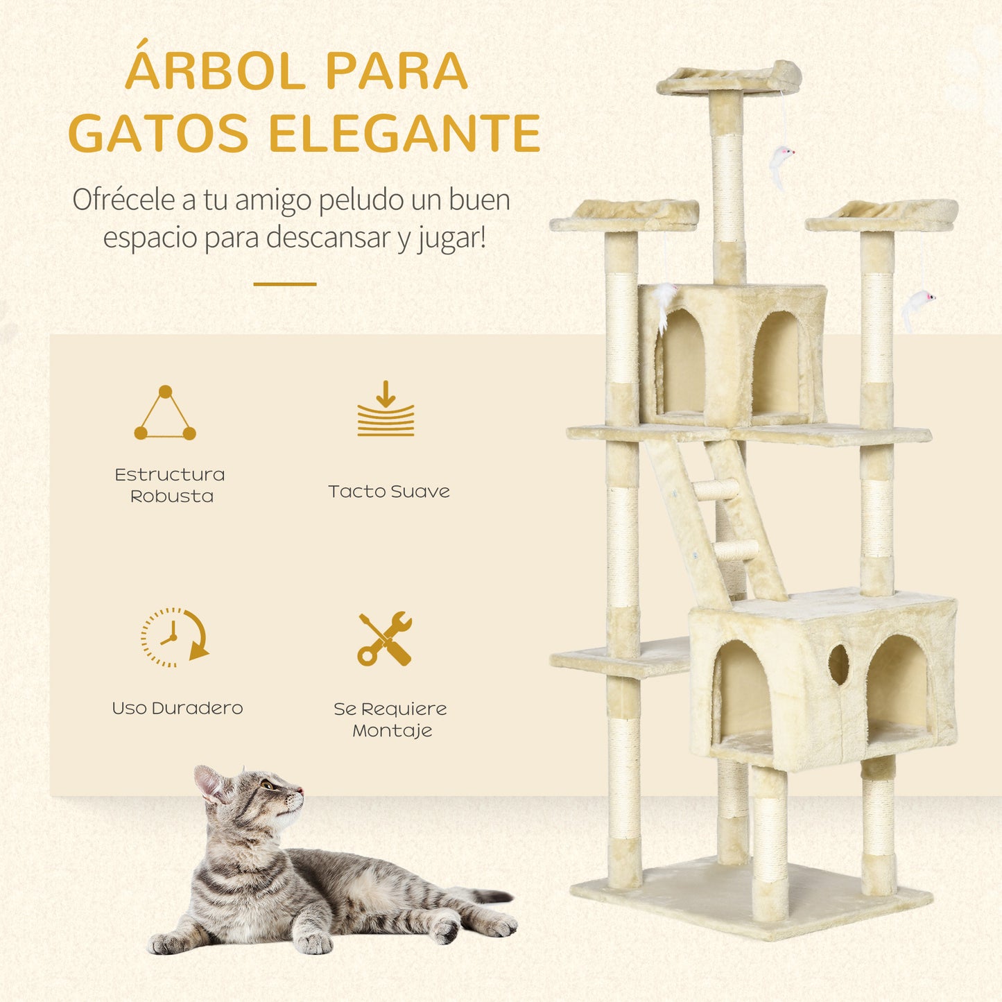 PawHut Rascador Árbol para Gatos Grande 60x50x181 cm con Poste de Arañar Múltiples Plataformas Escaleras Cuevas Juguetes Centro de Actividades Beige