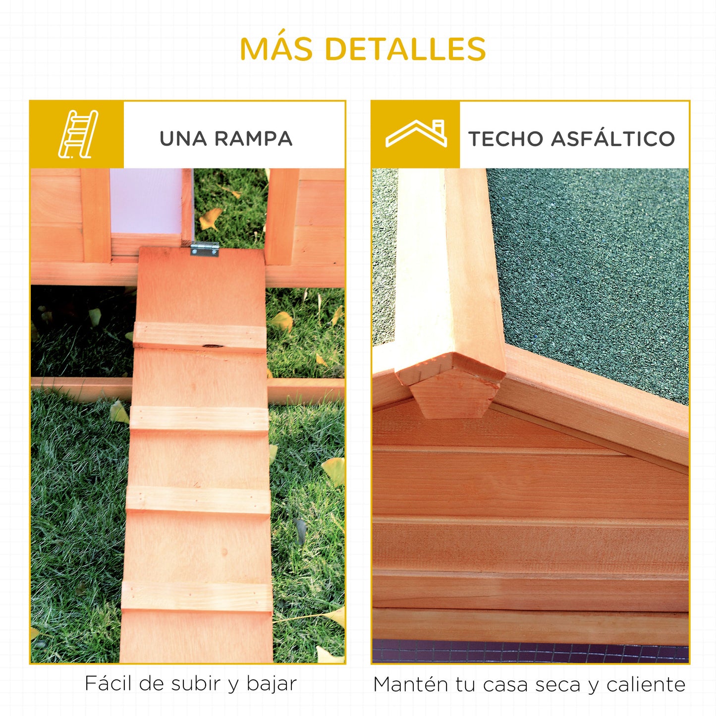 PawHut Conejera de Madera 309x79x86 cm Conejera Exterior Grande para 2-4 Conejos con 2 Corrales Bandeja Extraíble Techo Asfáltico 2 Rampas Natural