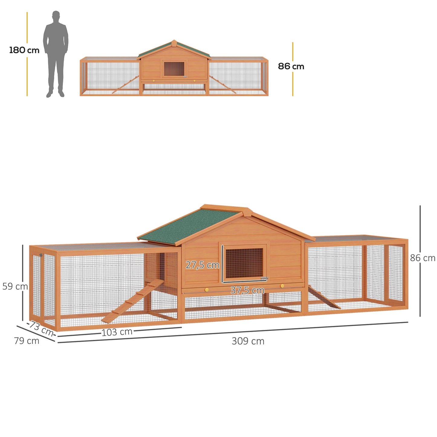 PawHut Conejera de Madera 309x79x86 cm Conejera Exterior Grande para 2-4 Conejos con 2 Corrales Bandeja Extraíble Techo Asfáltico 2 Rampas Natural