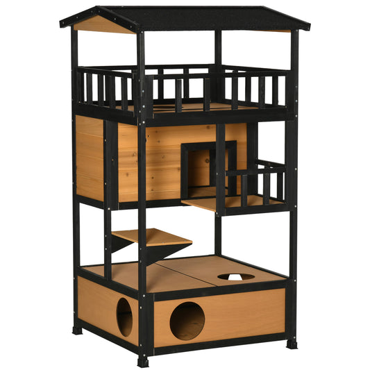 PawHut Casa para Gatos de Madera 75,5x75x137 cm Caseta para Gatos Refugio para Gatos con Techo Asfáltico y Plataformas para Interior y Exterior Natural