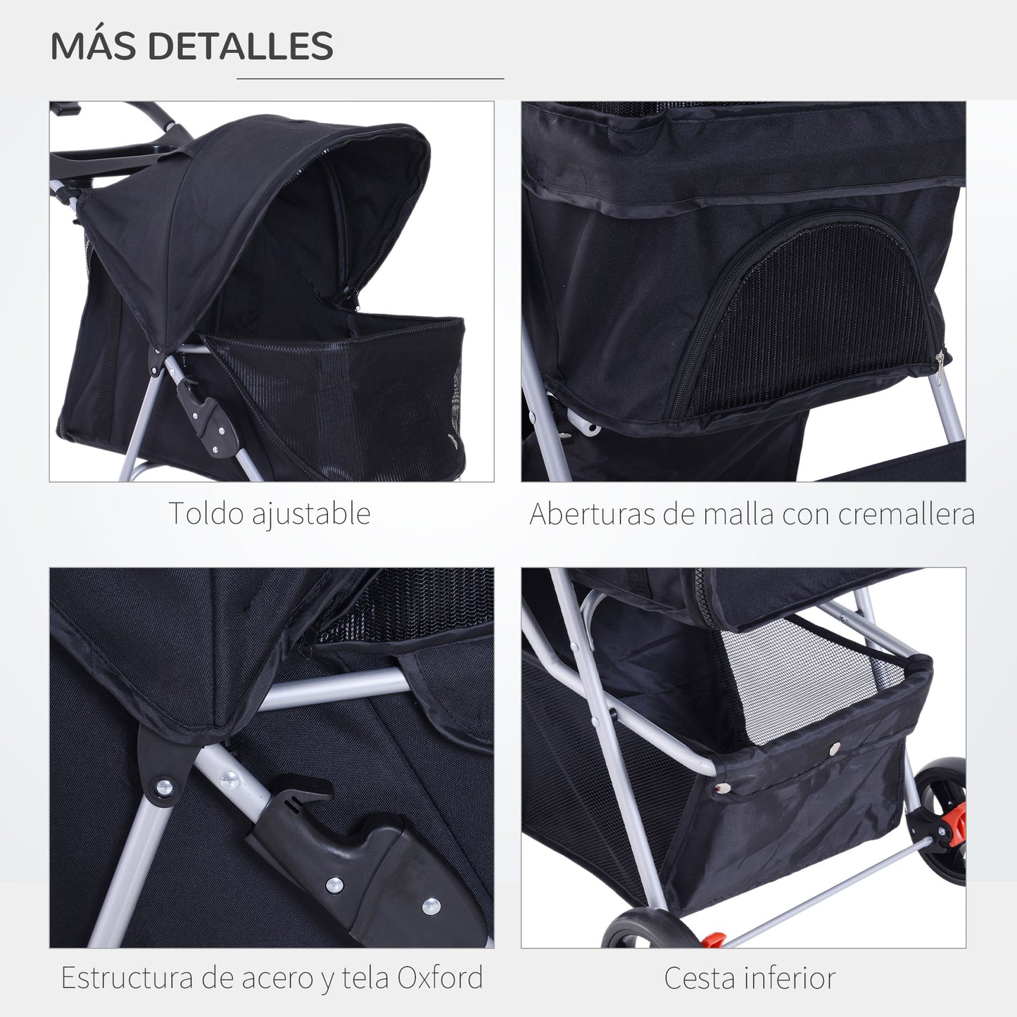 PawHut Carrito para Perros Plegable Cochecito para Mascotas Carrito para Perros Pequeños con Toldo Ajustable Cesta de Almacenaje 2 Ruedas Universales y Marco de Acero 75x46x94 cm Negro