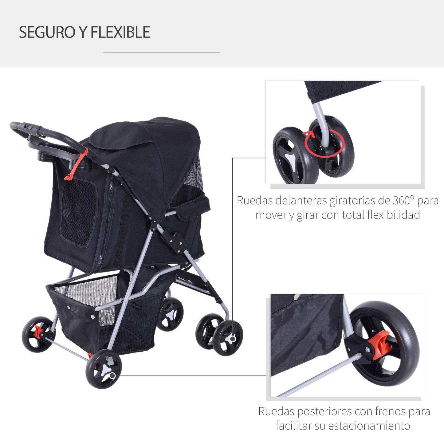 PawHut Carrito para Perros Plegable Cochecito para Mascotas Carrito para Perros Pequeños con Toldo Ajustable Cesta de Almacenaje 2 Ruedas Universales y Marco de Acero 75x46x94 cm Negro