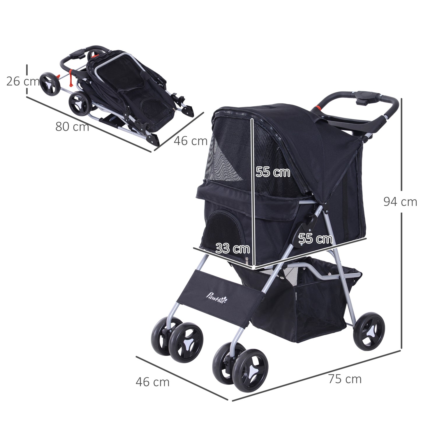 PawHut Carrito para Perros Plegable Cochecito para Mascotas Carrito para Perros Pequeños con Toldo Ajustable Cesta de Almacenaje 2 Ruedas Universales y Marco de Acero 75x46x94 cm Negro