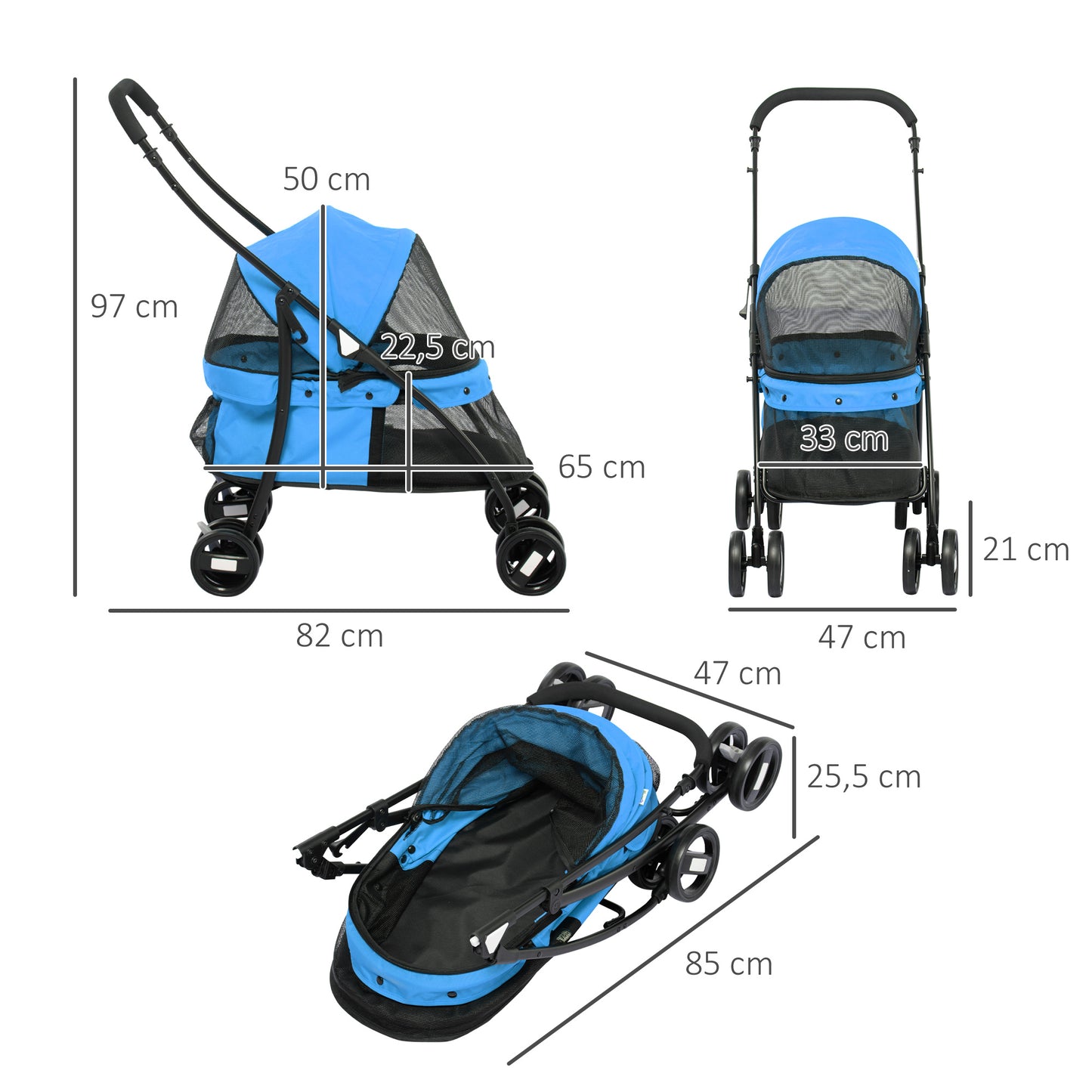 PawHut Carrito para Perros Plegable Cochecito para Mascotas Cochecito para Perros Pequeños con Ventanas de Malla Cojín Lavable Correas de Seguridad y Marco de Acero Azul