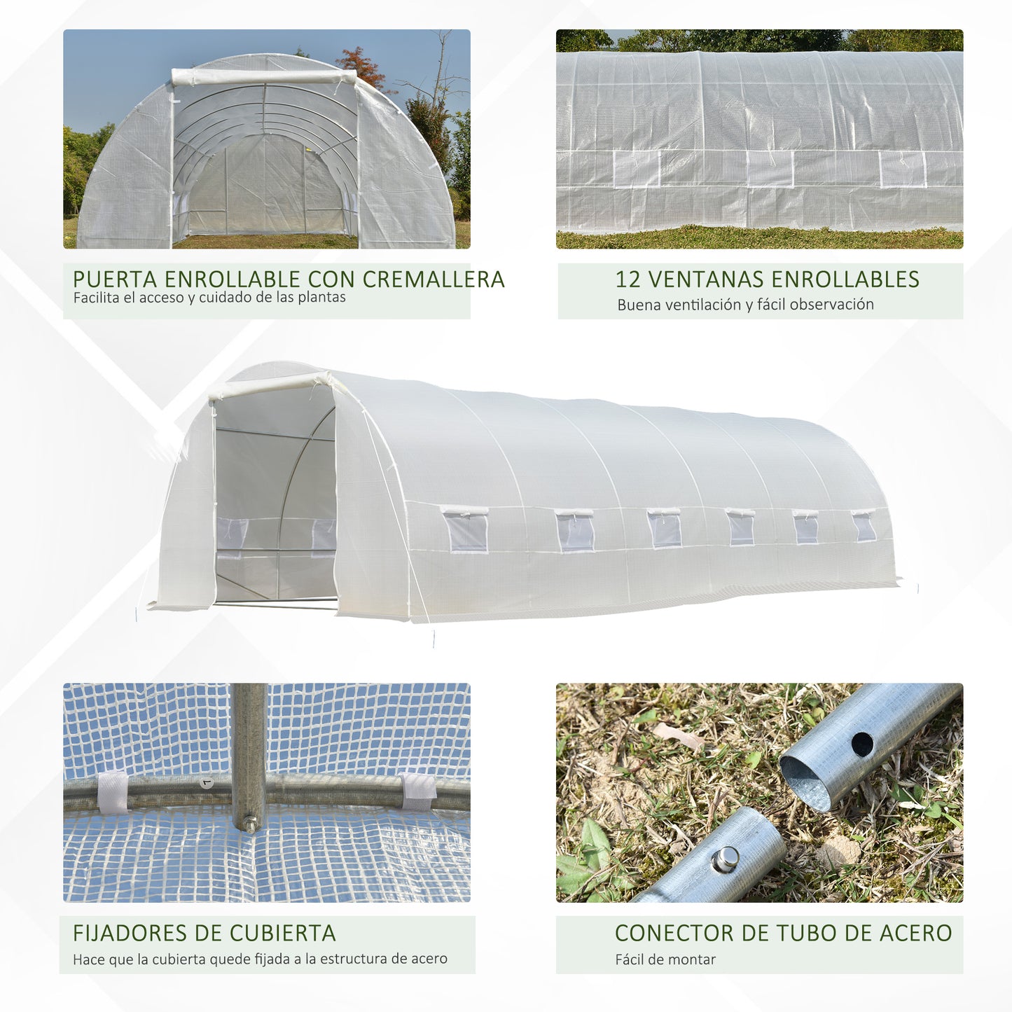 Outsunny Invernadero de Exterior Invernadero de Túnel 8x3x2 m Invernadero de Jardín con 12 Ventanas y Puerta Enrollable para Cultivo Plantas Tomates Verduras Acero y PE 140 g/m² Blanco