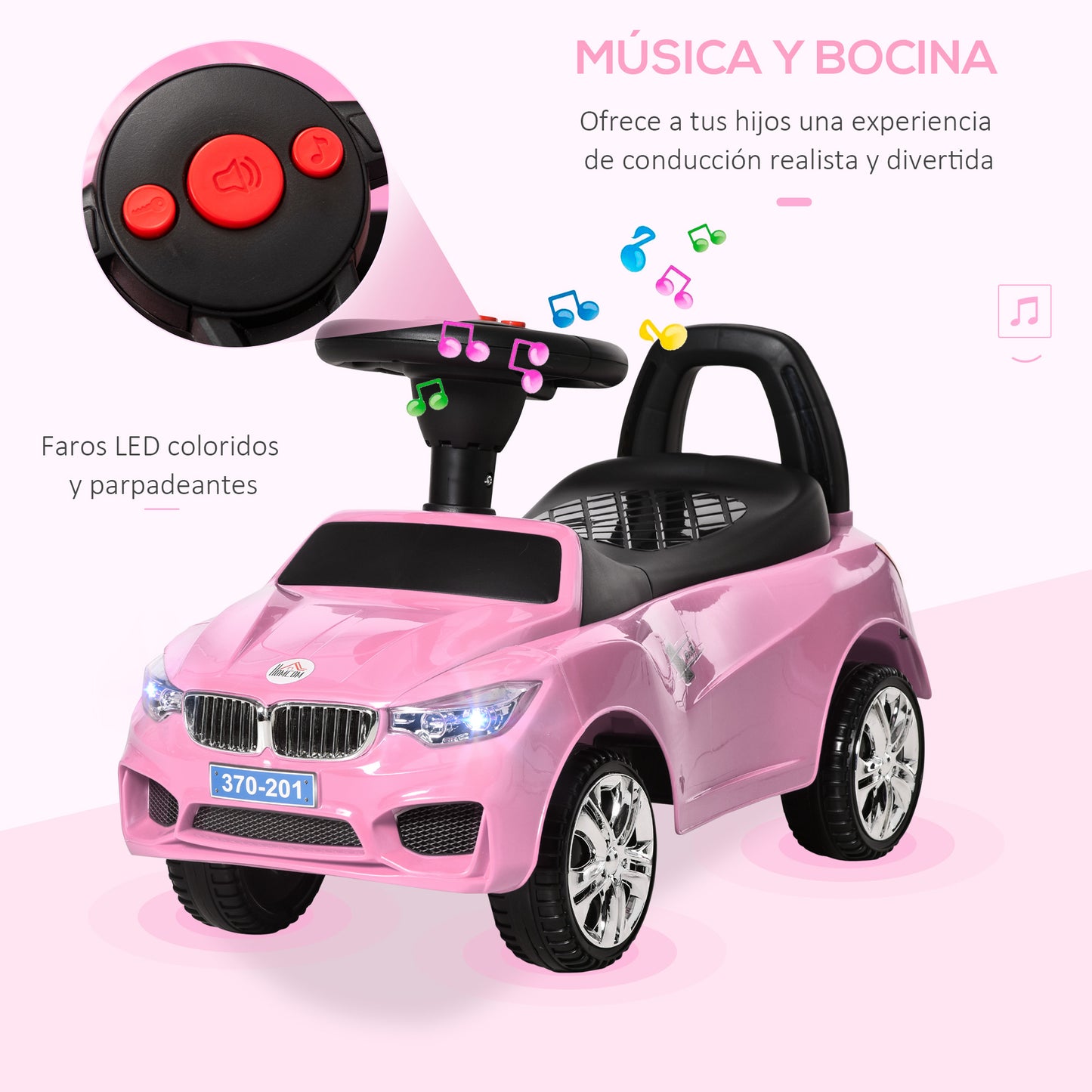 HOMCOM Coche Correpasillos para Niños de 18-36 Meses con Faros Música Bocina Volante Espacio de Almacenaje y Asa para Empujar 63,5x28x36 cm Rosa