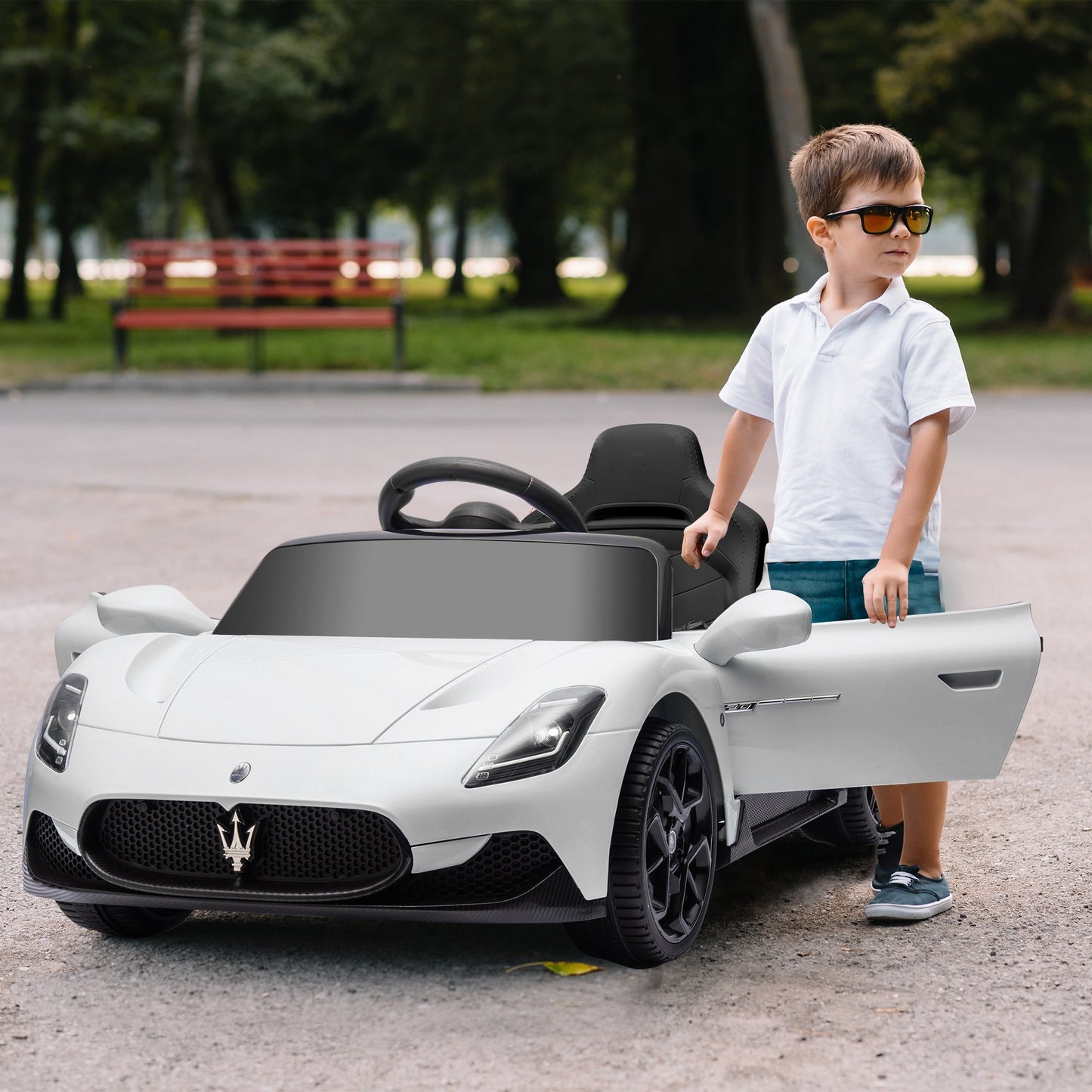 AIYAPLAY Coche Eléctrico para Niños de +3 Años con Licencia Maserati MC20 Carro Eléctrico Infantil con Batería 12V Mando a Distancia Faros Bocina Música MP3 y Pantalla Blanco