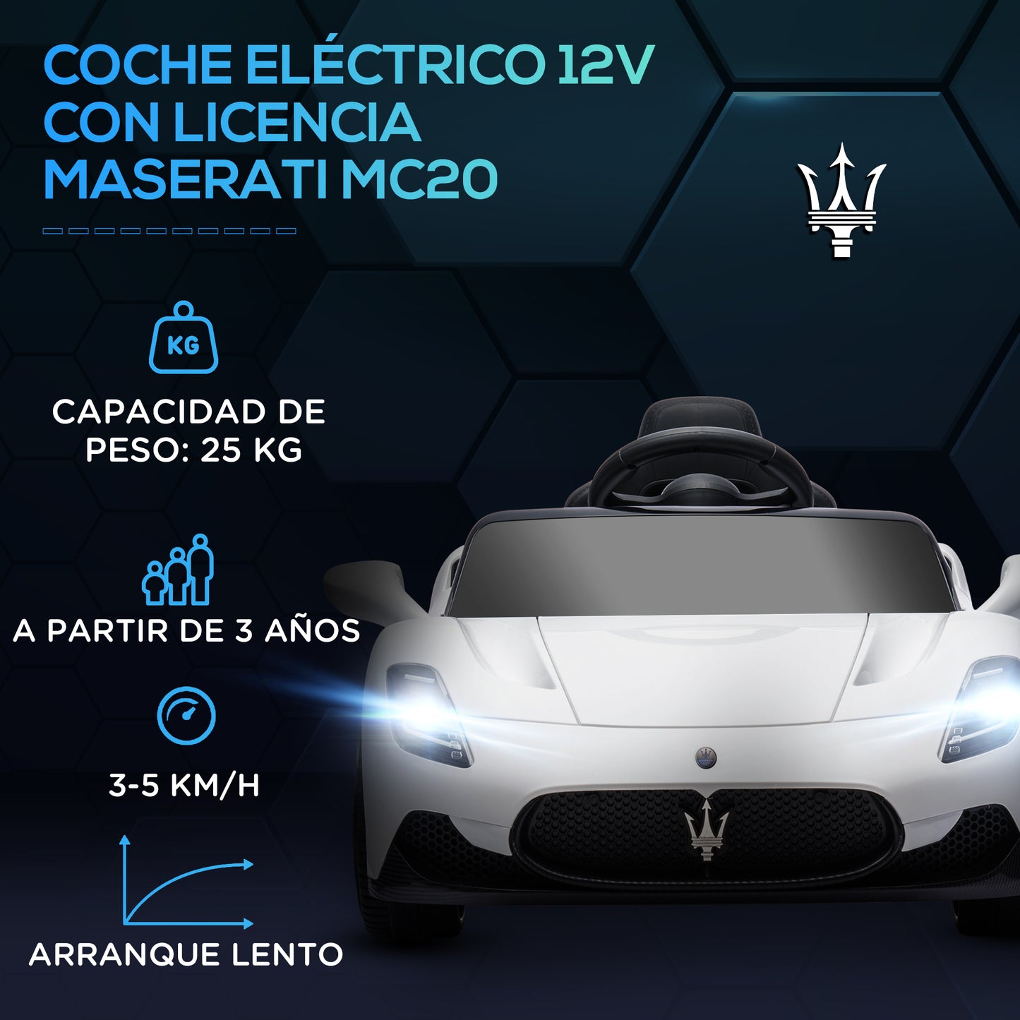 AIYAPLAY Coche Eléctrico para Niños de +3 Años con Licencia Maserati MC20 Carro Eléctrico Infantil con Batería 12V Mando a Distancia Faros Bocina Música MP3 y Pantalla Blanco