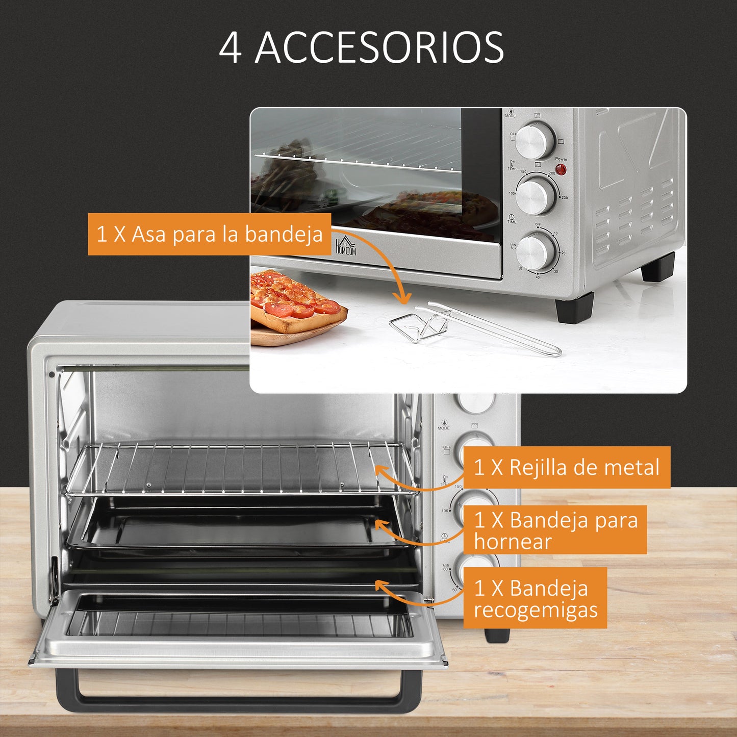 HOMCOM Horno Eléctrico de Sobremesa Horno Sobremesa de 32L 1600W con 3 Modos de Calor Temporizador 60 Min y Temperatura Regulable hasta 230℃ Plata