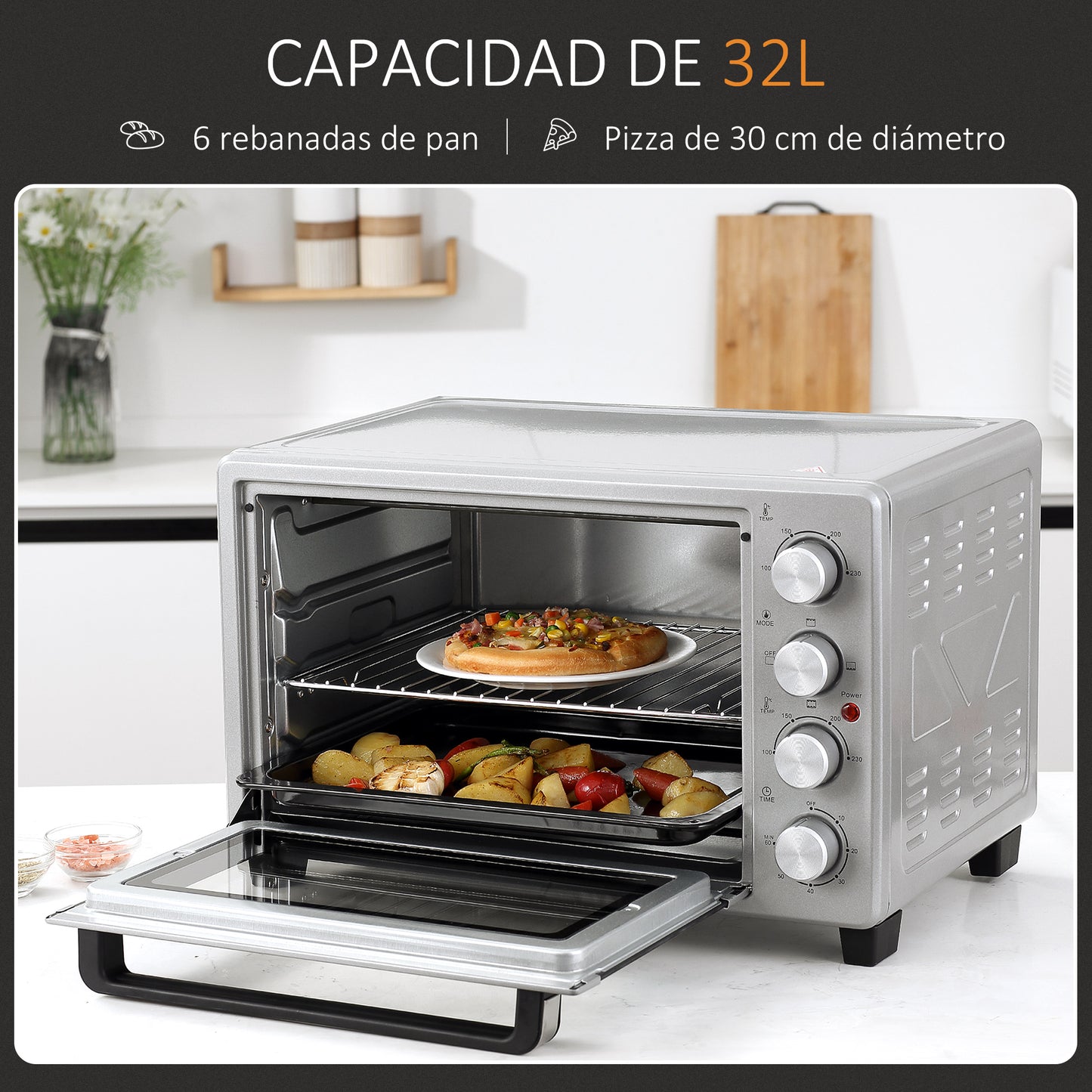 HOMCOM Horno Eléctrico de Sobremesa Horno Sobremesa de 32L 1600W con 3 Modos de Calor Temporizador 60 Min y Temperatura Regulable hasta 230℃ Plata