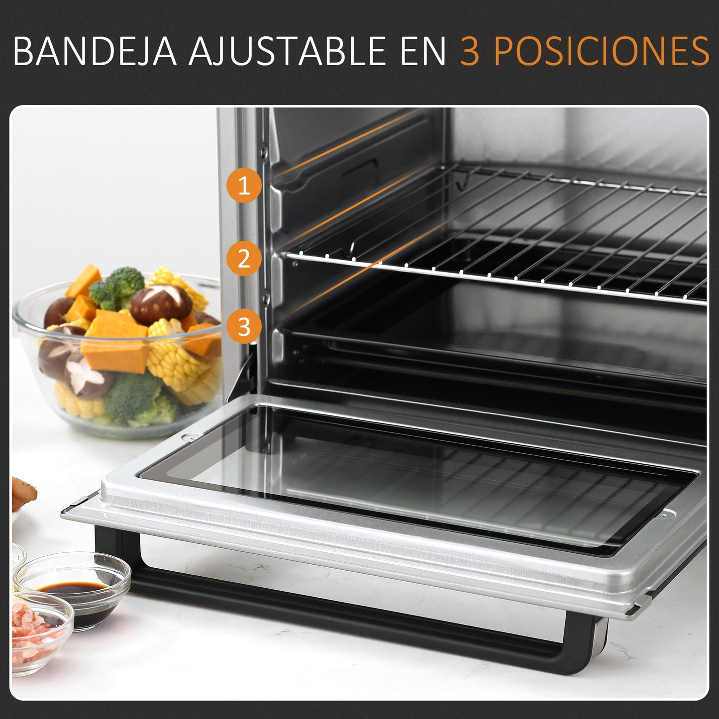 HOMCOM Horno Eléctrico de Sobremesa Horno Sobremesa de 32L 1600W con 3 Modos de Calor Temporizador 60 Min y Temperatura Regulable hasta 230℃ Plata