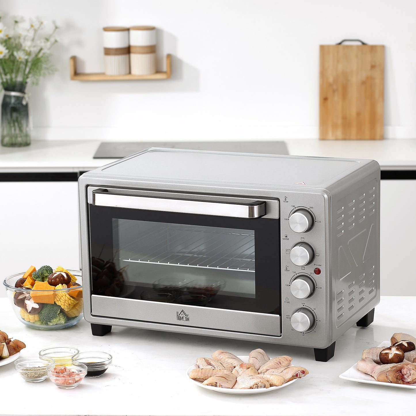 HOMCOM Horno Eléctrico de Sobremesa Horno Sobremesa de 32L 1600W con 3 Modos de Calor Temporizador 60 Min y Temperatura Regulable hasta 230℃ Plata