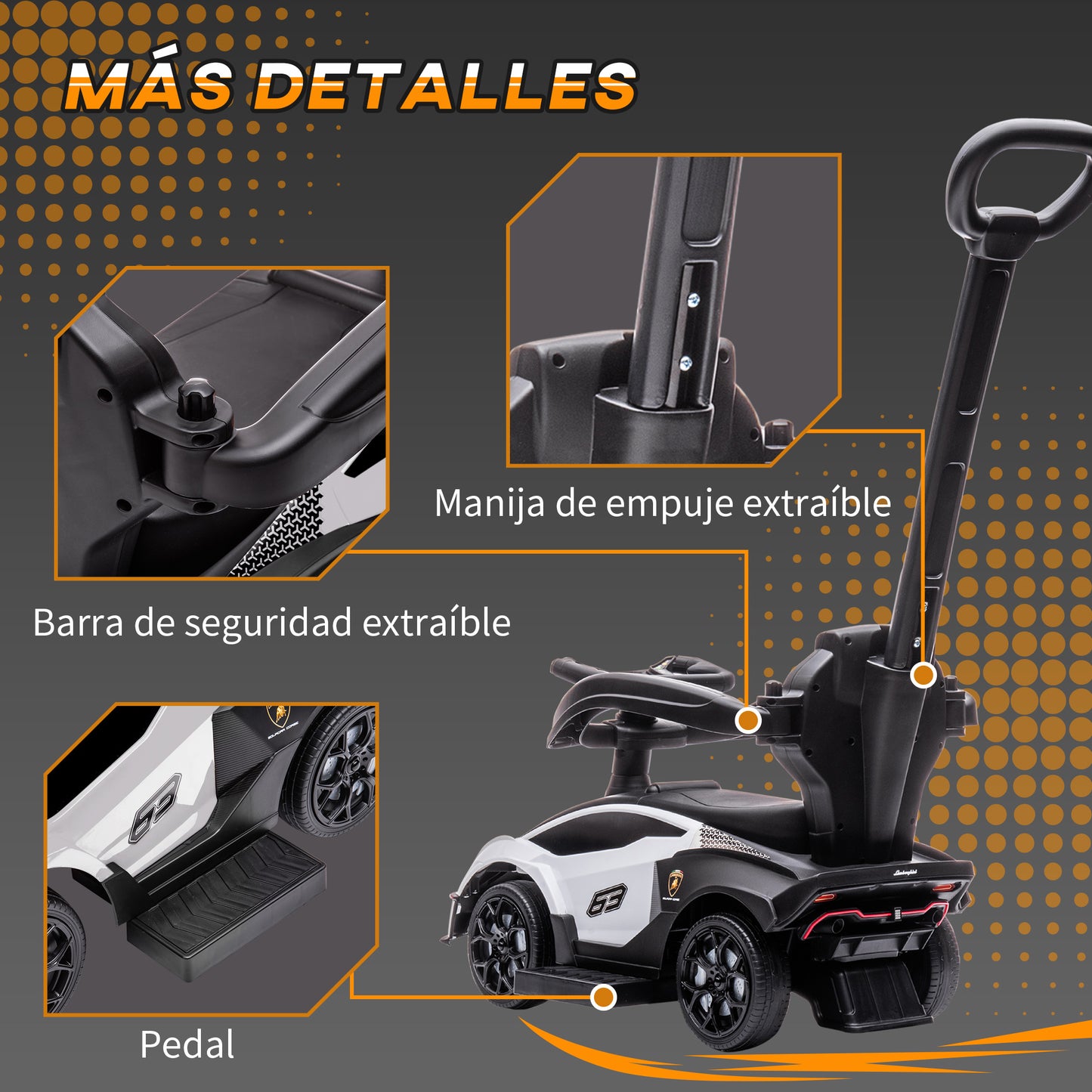 AIYAPLAY 2 en 1 Coche Correpasillos para Niños 12-36 Meses Lamborghini Essenza SCV12 Andador Empujador con Bocina Mango de Empuje y Barandilla Extraíbles 86,5x40x89,5 cm Blanco y Negro