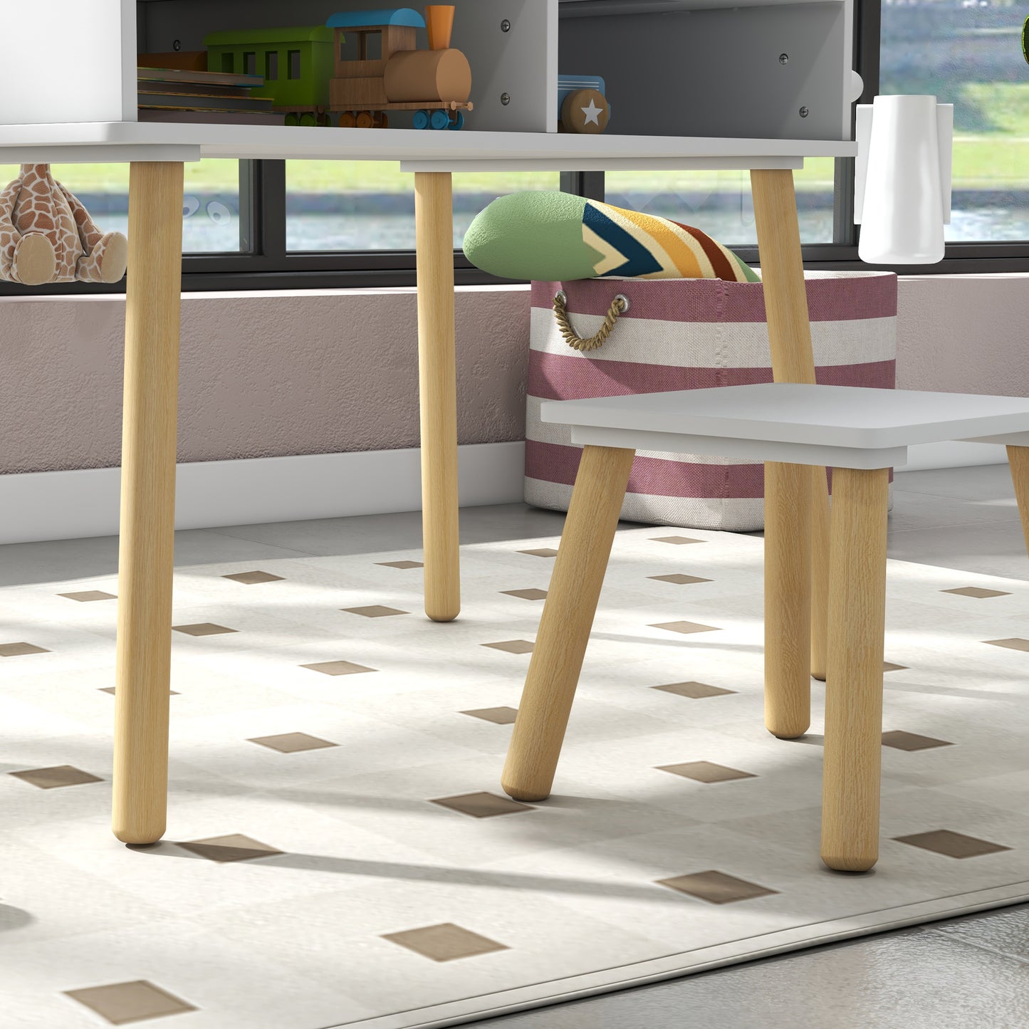 HOMCOM Juego de Mesa y Silla Infantil Mesa para Niños con Tablero de Bloques de Construcción y Rollo de Papel para Jugar Dibujar en Guardería Sala de Juegos Blanco