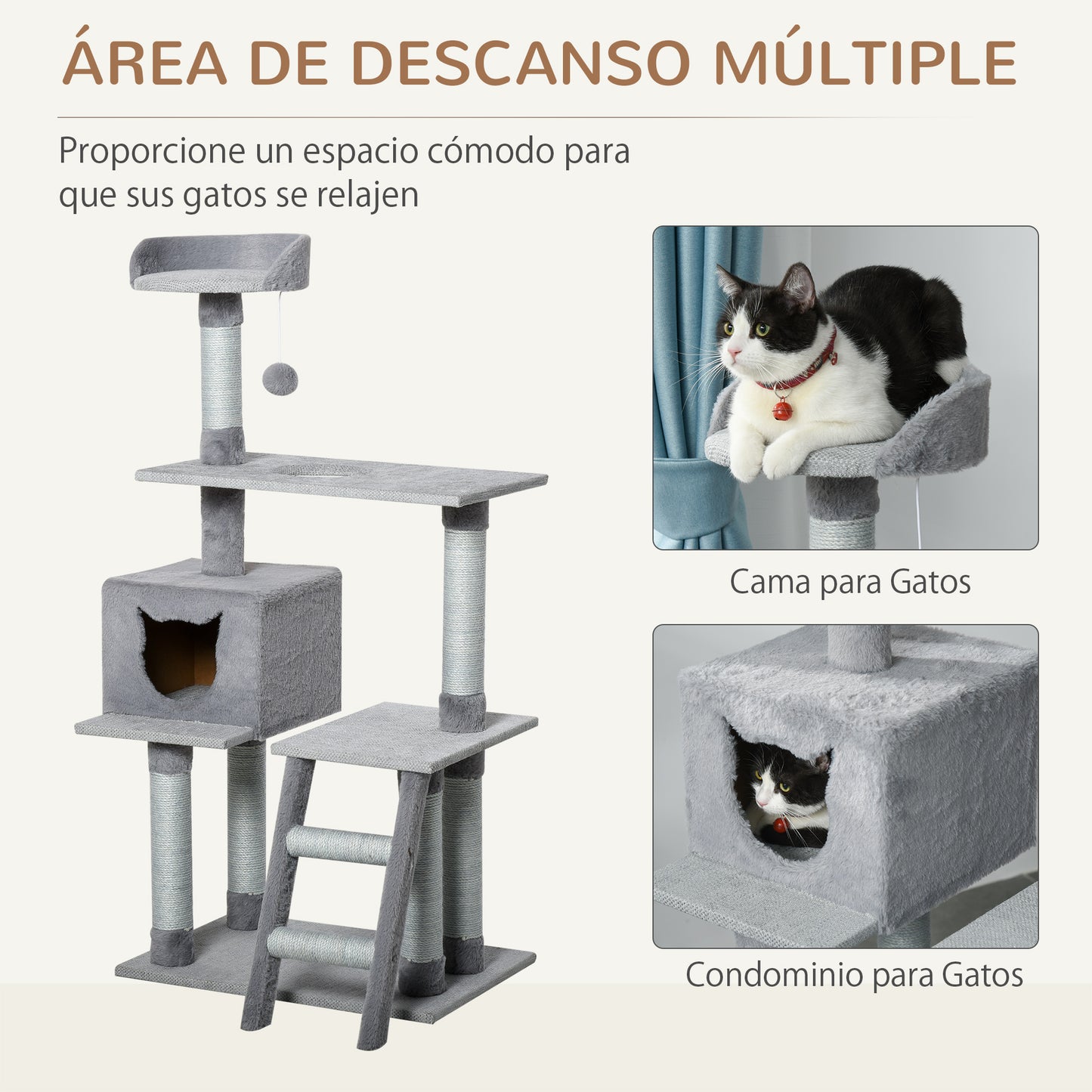 PawHut Árbol Rascador para Gatos Grande Altura 124 cm Torre de Escalada con Plataformas Escalera Cueva Postes de Yute y Bola Colgante Juego y Descanso 60,5x40x124 cm Gris