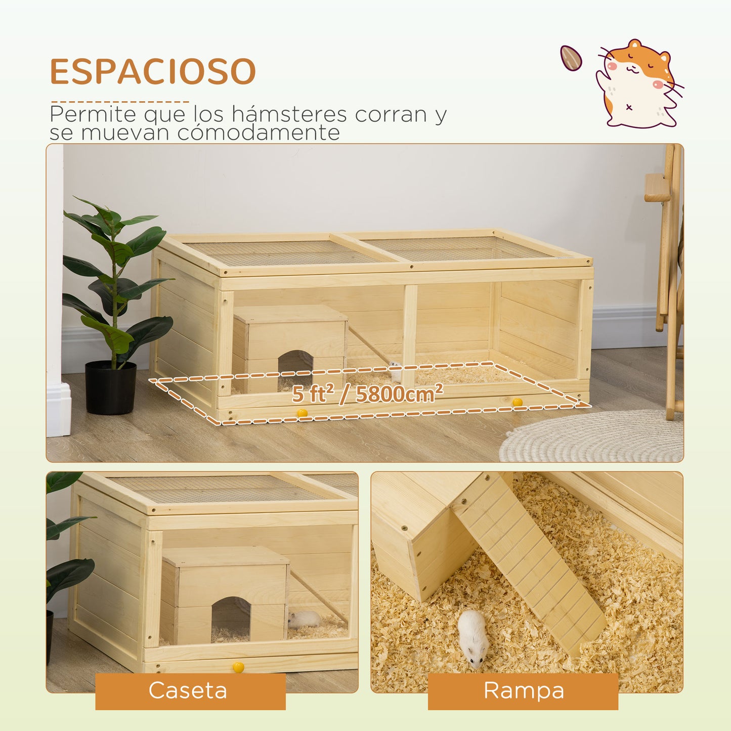 PawHut Jaula para Hámster de Madera 100x58x38 cm Casa para Roedores con Tapa Abatible Panel de Acrílico Bandeja Extraíble y Cabaña para Conejos Chinchillas Natural