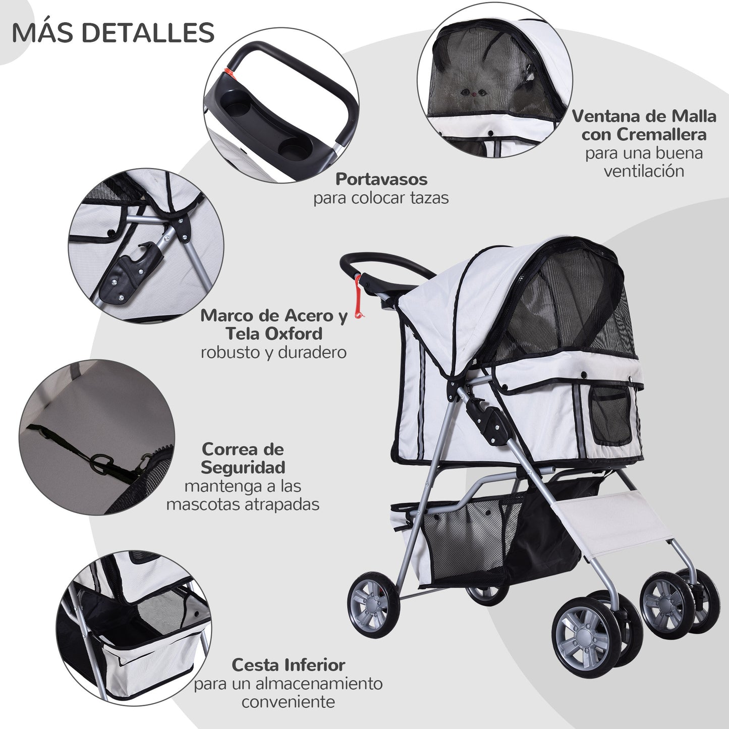 PawHut Carrito para Perros Plegable Cochecito para Mascotas Carrito para Perros Pequeños con Toldo Ajustable Cesta de Almacenaje Ventanas de Malla Portavasos y 2 Ruedas Universales 75x45x97 cm Gris