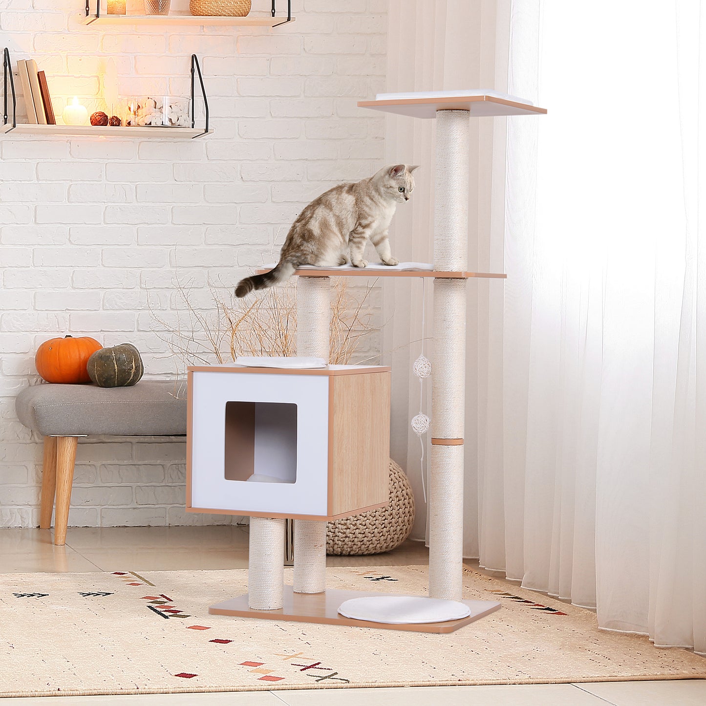 PawHut Árbol Rascador para Gatos de Madera 71,5x49,5x120 cm Torre de Gato con Cueva Plataformas Postes Rascadores de Sisal Cojines de Felpa Suave y Bolas Colgantes Natural