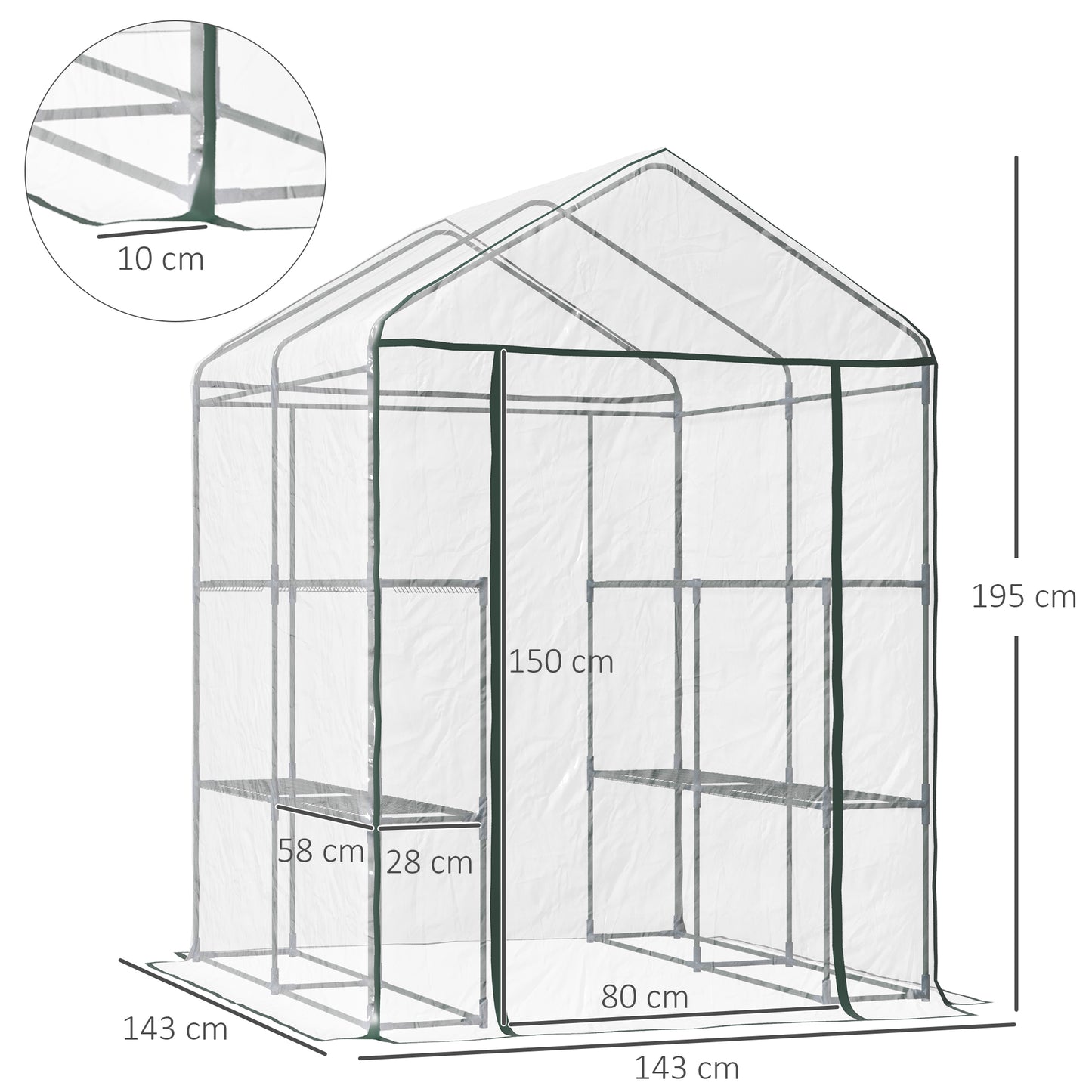 Outsunny Invernadero Transparente de Jardín Vivero Casero Plantas de 3 Niveles con Estantes Marco de Acero 143x143x195cm Translúcido y Verde