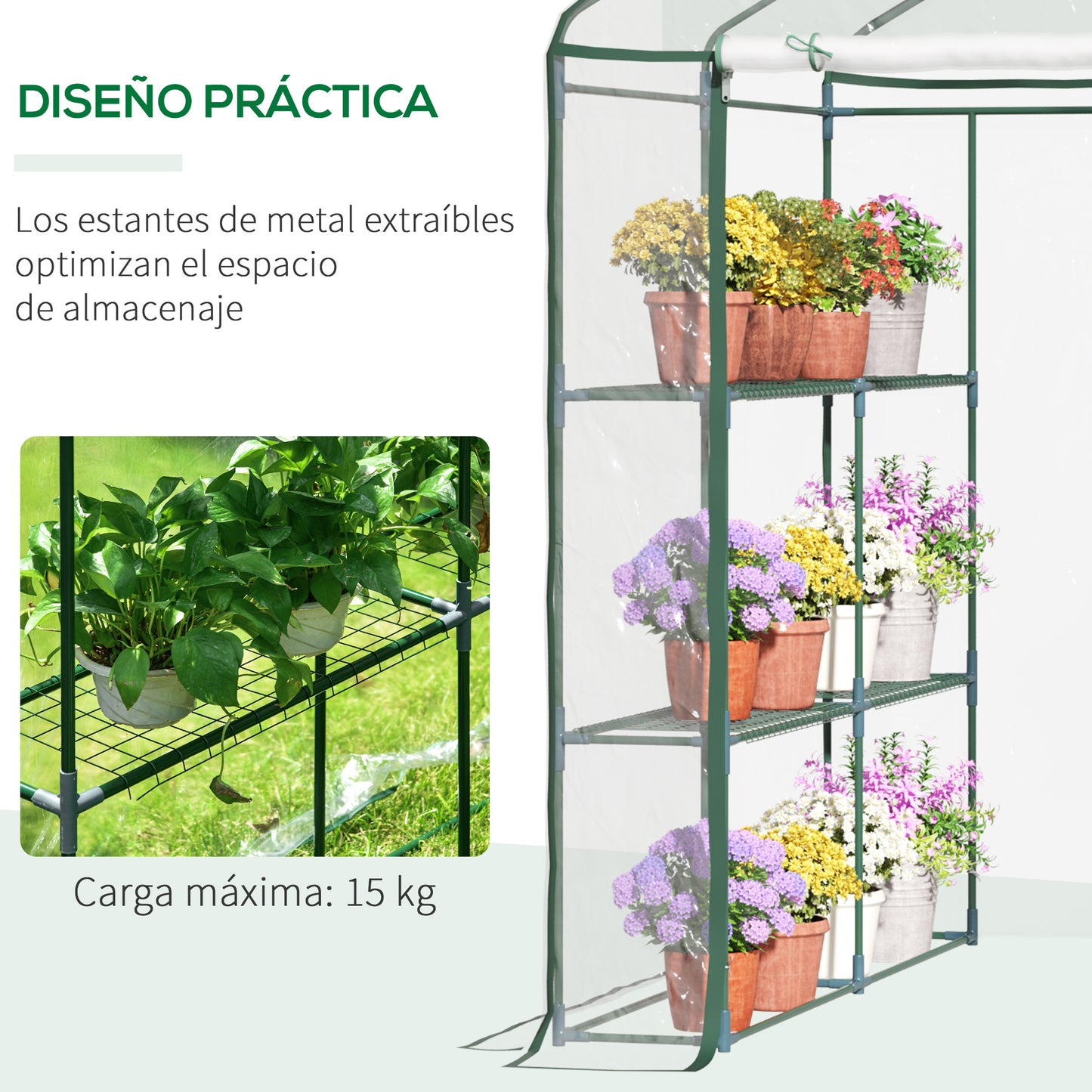 Outsunny Invernadero Transparente de Jardín Vivero Casero Plantas de 3 Niveles con Estantes Marco de Acero 143x143x195cm Translúcido y Verde