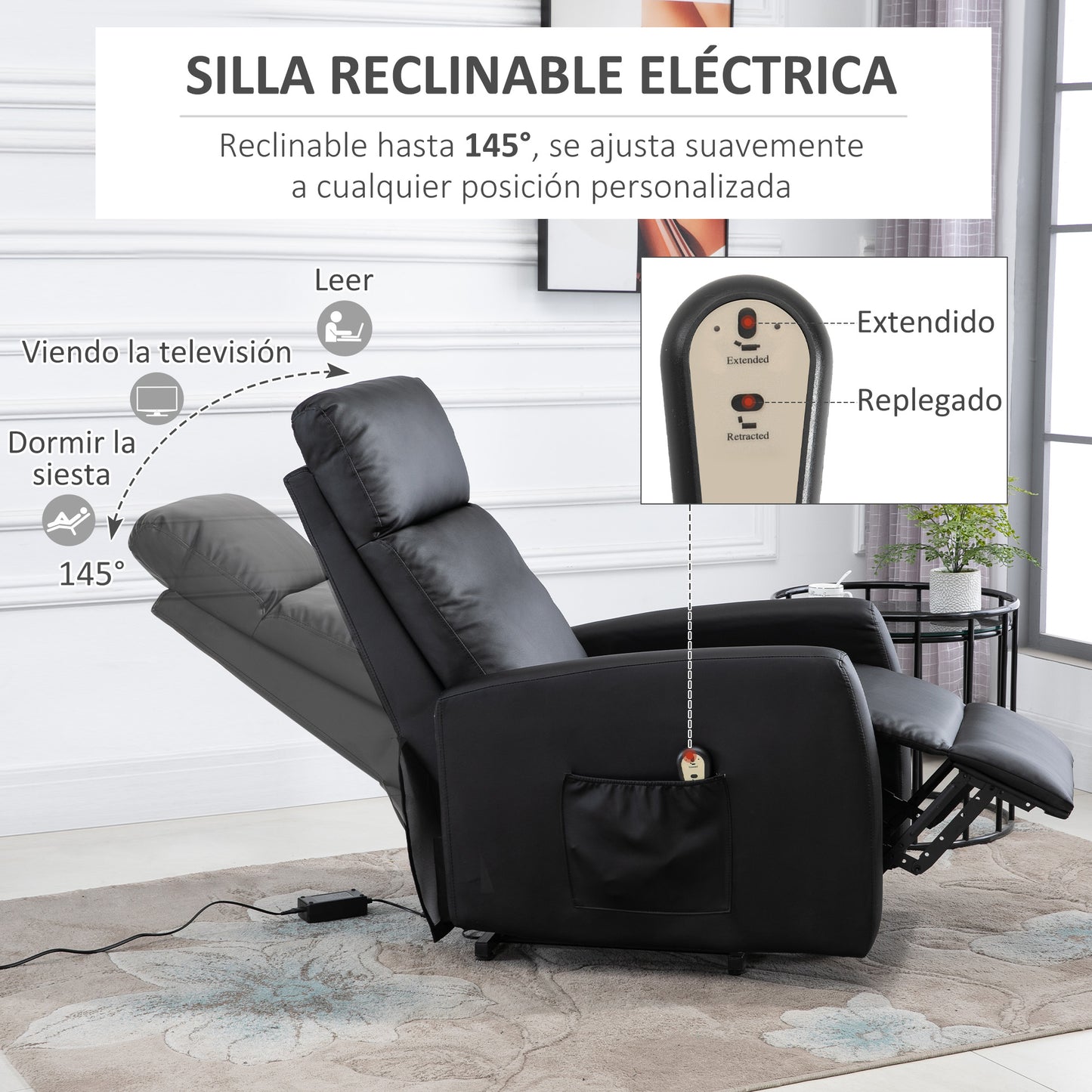 HOMCOM Sillón Levanta Personas Sillón Relax Eléctrico Sillón Elevador Reclinable 145° con Control Remoto Reposapiés para Personas Mayores 67x95x105 cm Negro