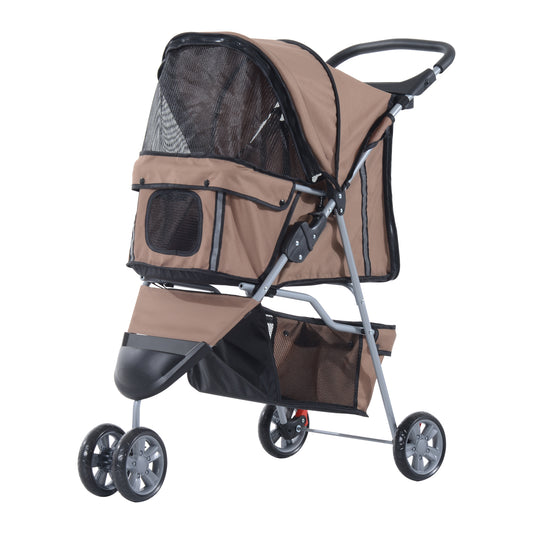 PawHut Carrito para Perros Plegable Cochecito para Mascotas Carrito para Perros Pequeños con Cesta de Almacenaje Ventanas de Malla y 2 Ruedas Universales 75x45x97 cm Café