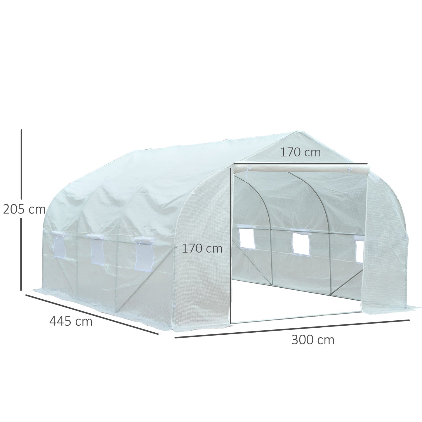 Outsunny Invernadero de Exterior Invernadero de Túnel 445x300x205 cm Invernadero de Jardín con 6 Ventanas y Cubierta de Polietileno PE 140 g/m² para Plantas Flores Verduras en Patio Blanco