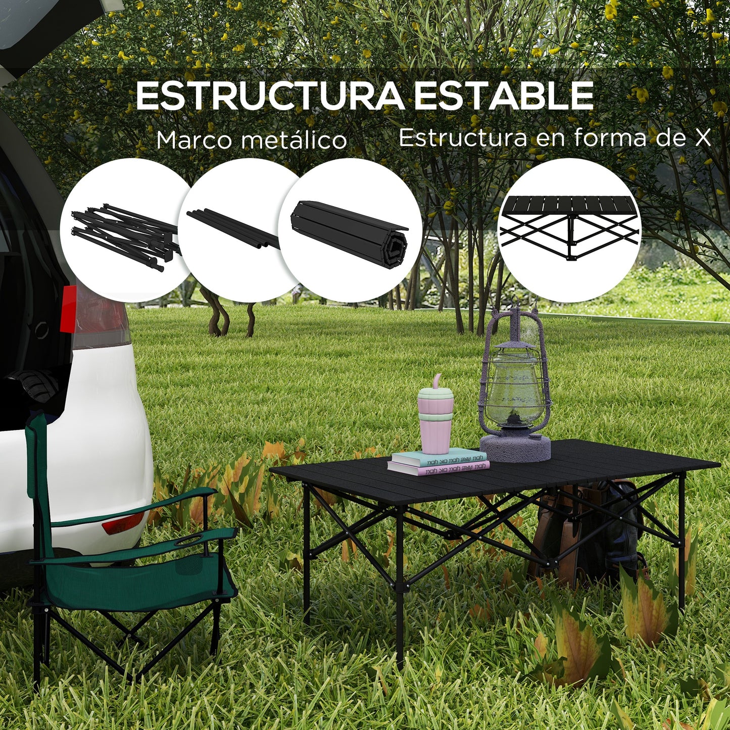 Outsunny Mesa de Camping Plegable de Metal con Tapa Enrollable y Bolsa de Transporte Mesa de Picnic Portátil para Acampar Senderismo Playa Barbacoa 95x55x50 cm Negro