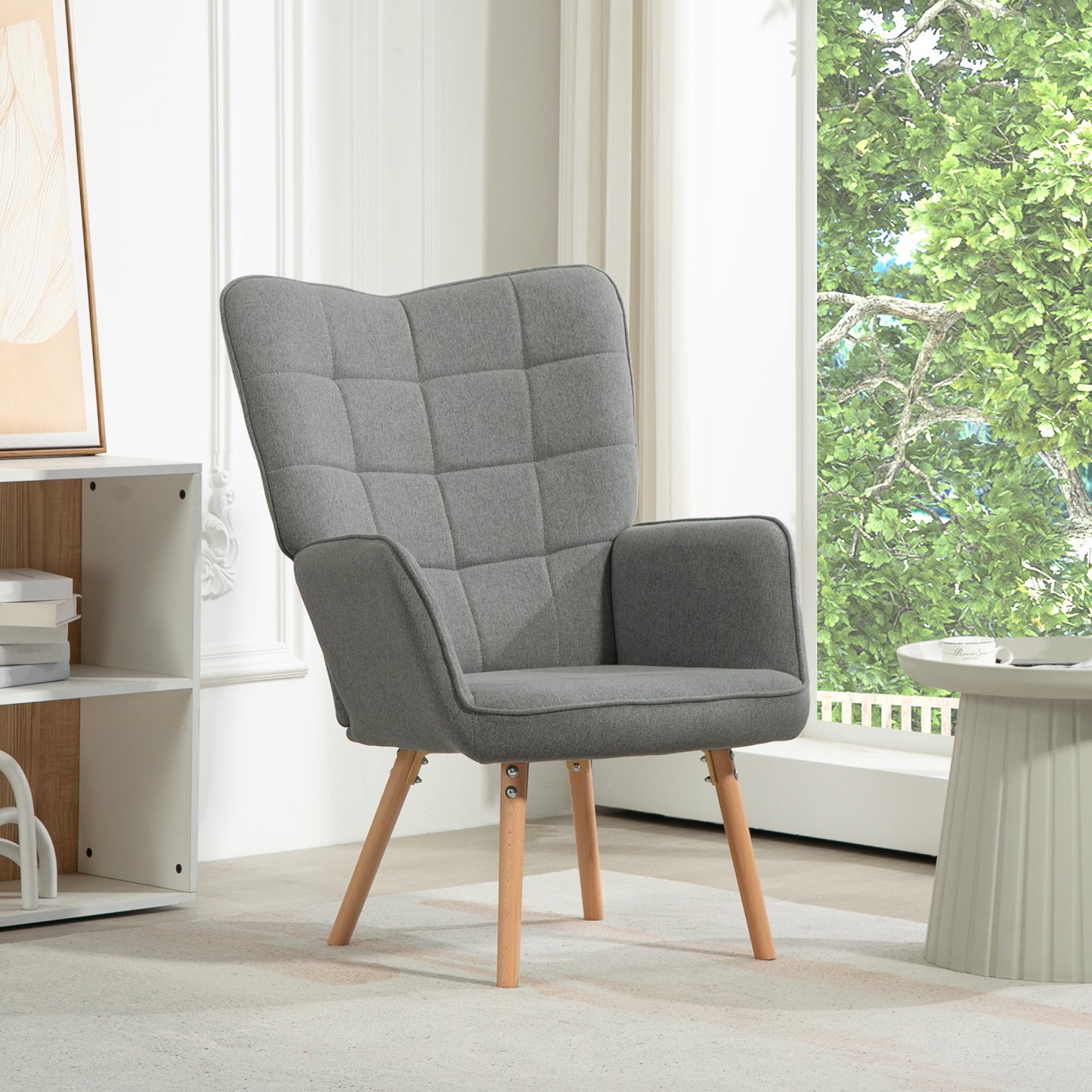 HOMCOM Sillón de Salón Moderno Butaca de Dormitorio con Respaldo Alto Reposabrazos Tela de Lino y Patas de Madera para Sala de Estar 71x76x101 cm Gris