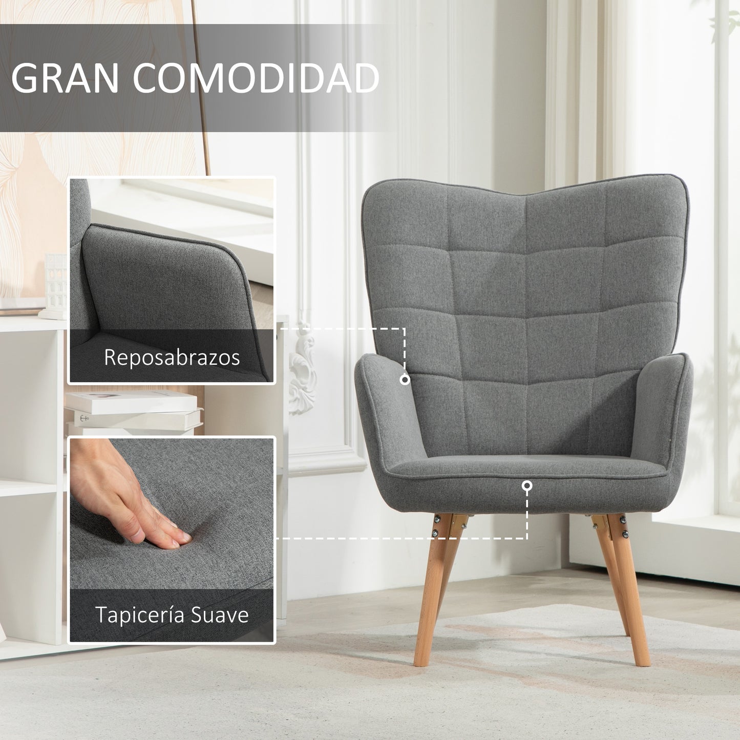 HOMCOM Sillón de Salón Moderno Butaca de Dormitorio con Respaldo Alto Reposabrazos Tela de Lino y Patas de Madera para Sala de Estar 71x76x101 cm Gris