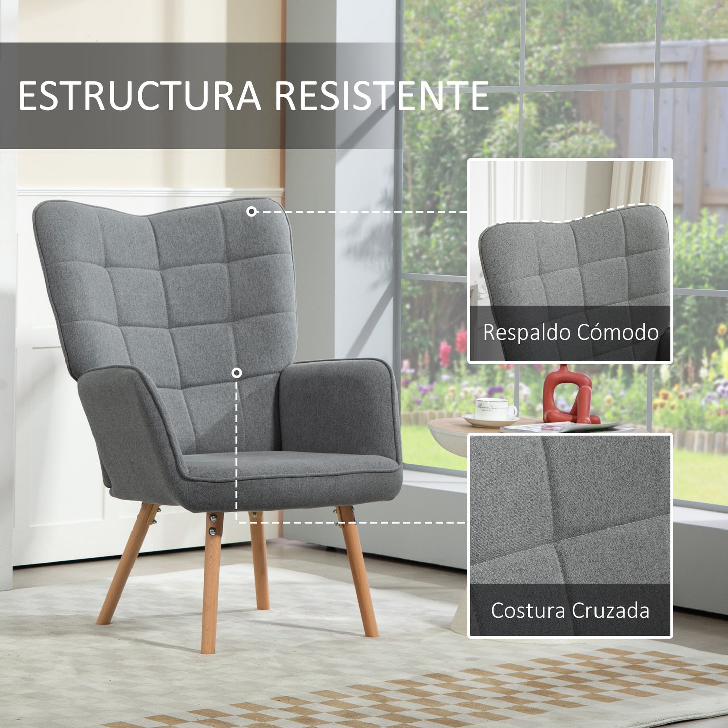 HOMCOM Sillón de Salón Moderno Butaca de Dormitorio con Respaldo Alto Reposabrazos Tela de Lino y Patas de Madera para Sala de Estar 71x76x101 cm Gris